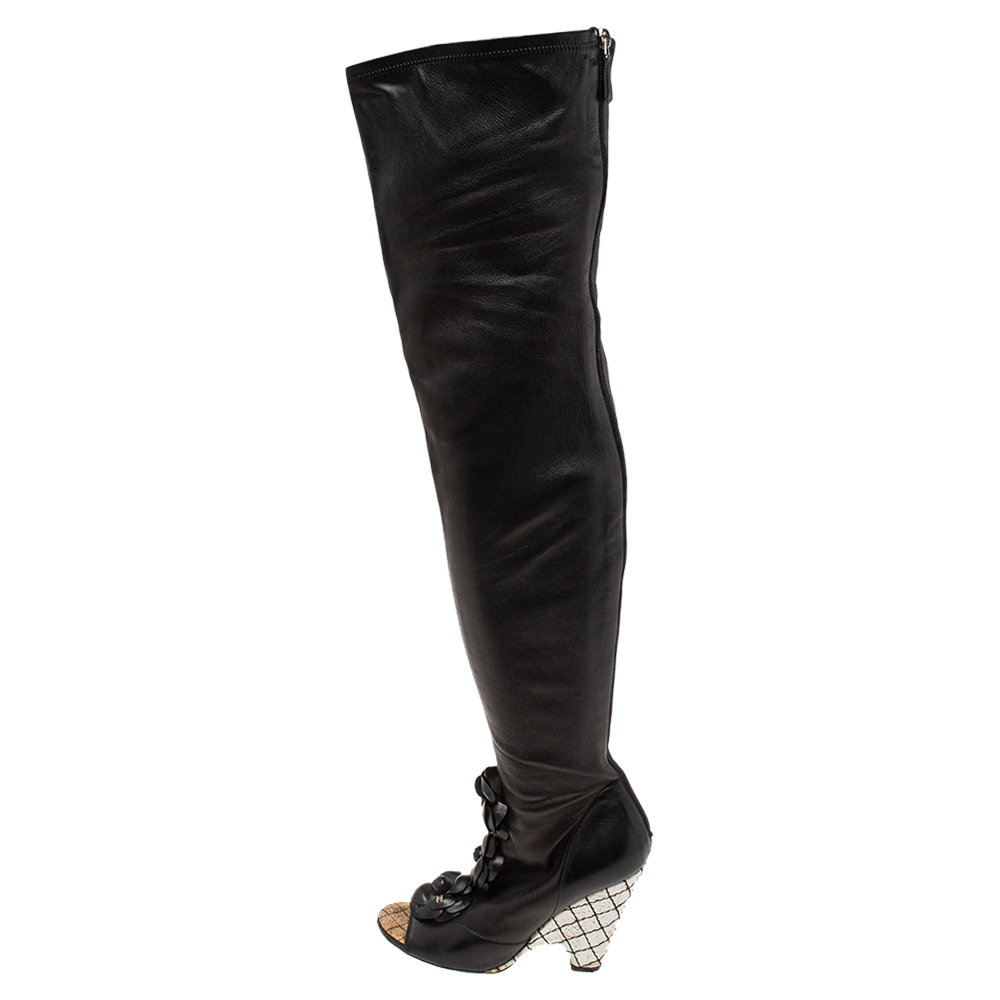 

Chanel Black Leather Camellia Wedge Over The Knee Boots Size