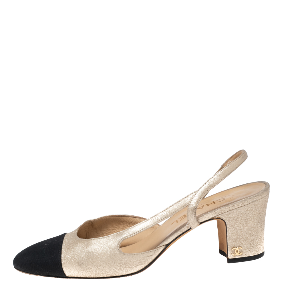 

Chanel Metallic/Black Canvas And Leather Classic Slingback Pumps Size