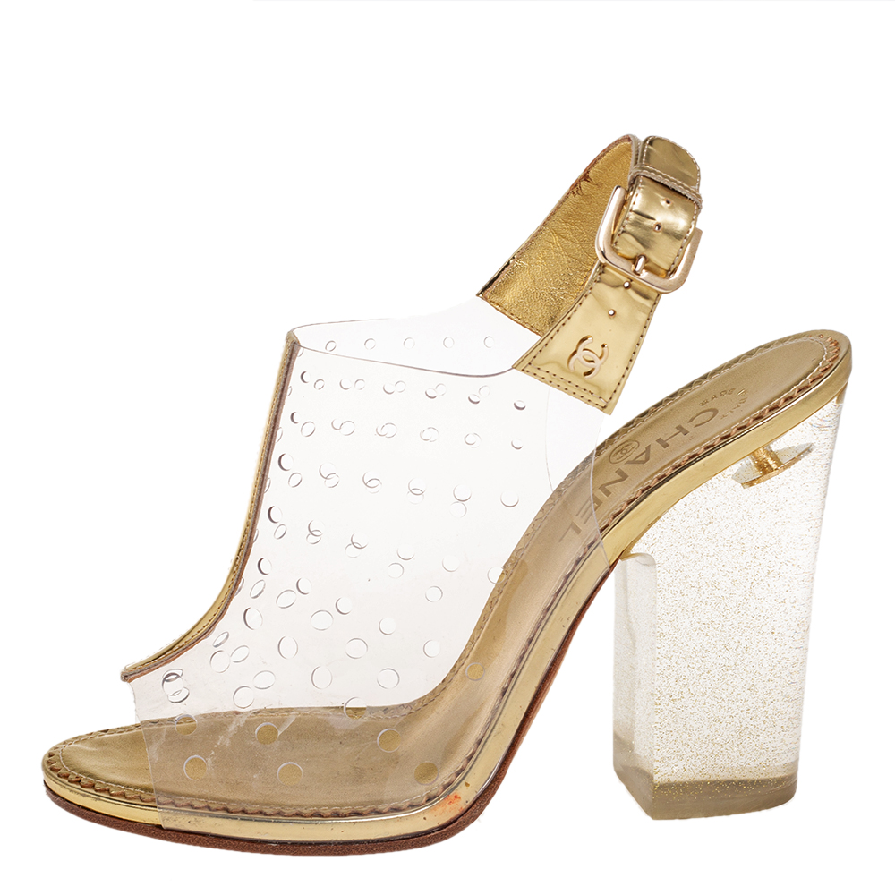 

Chanel Gold Leather and PVC Open-Toe Slingback Mules Size