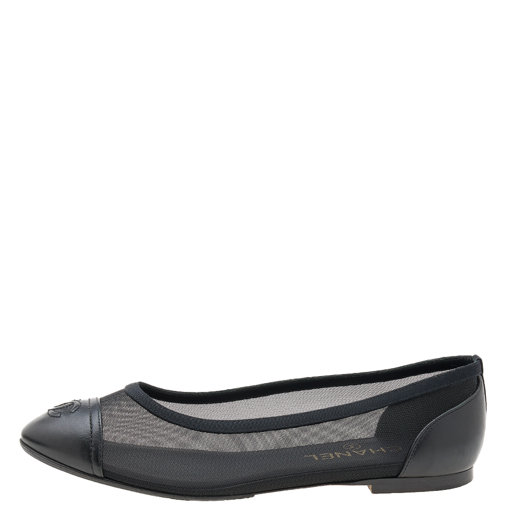 

Chanel Black Leather And Mesh CC Ballet Flats Size