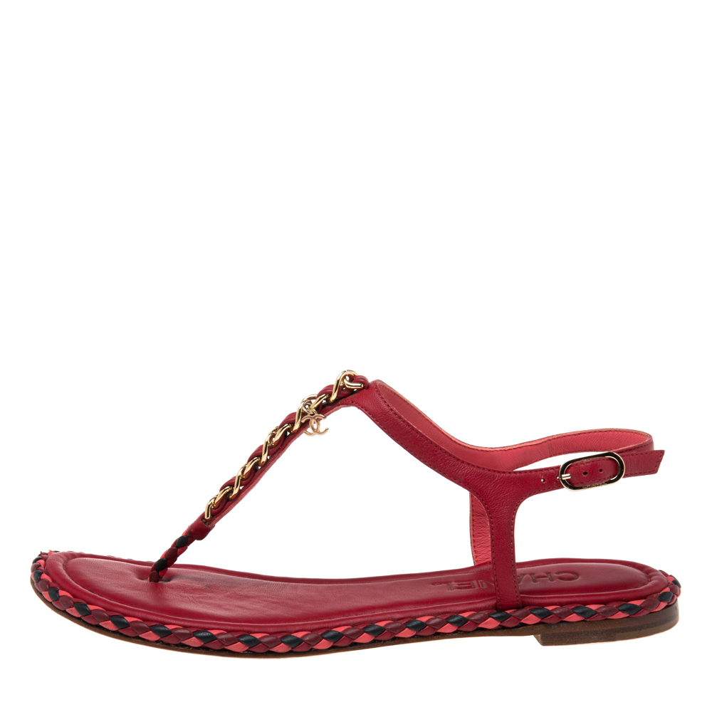 

Chanel Red Leather CC Chainlink Thong Flat Sandals Size