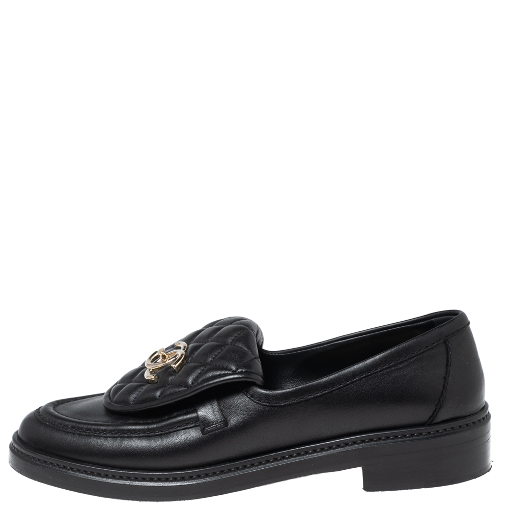 

Chanel Black Leather and Quilted Flap Turn Lock CC Loafers Size