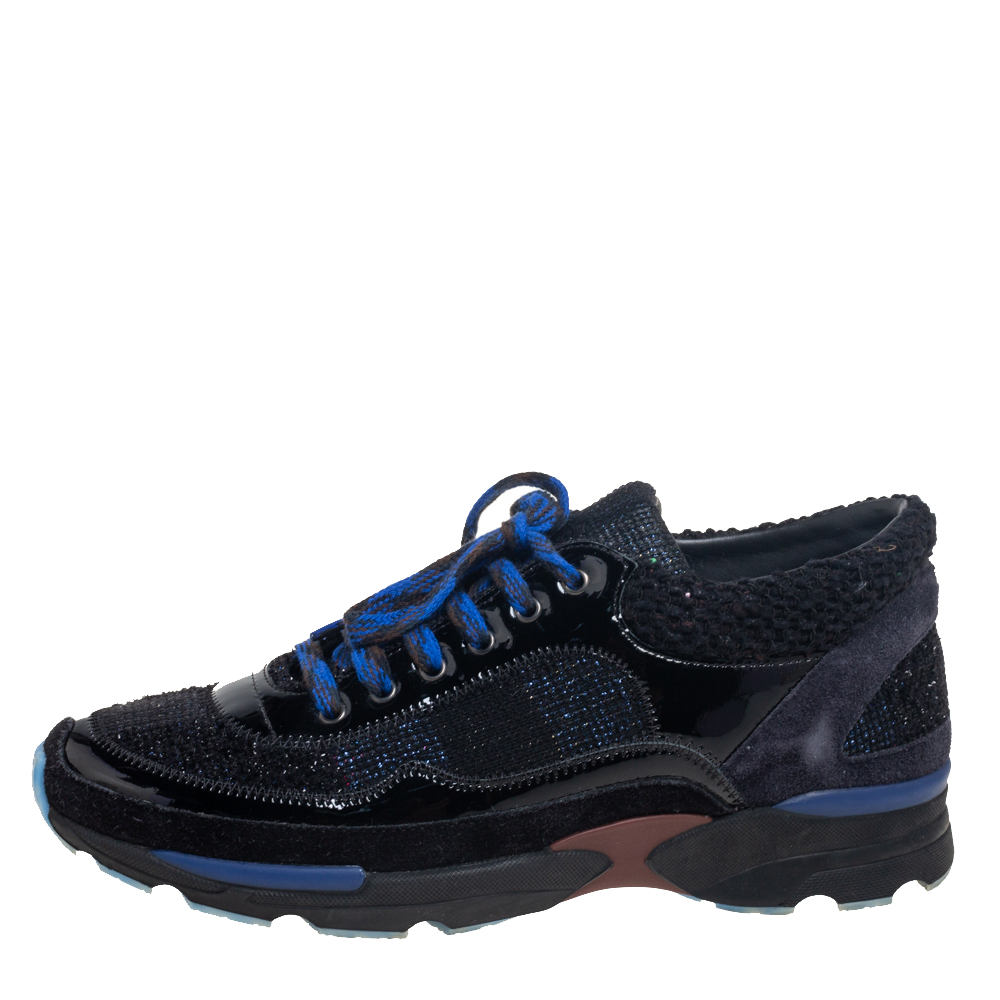 

Chanel Black Patent Leather, Tweed and Suede Low-Top Sneakers Size