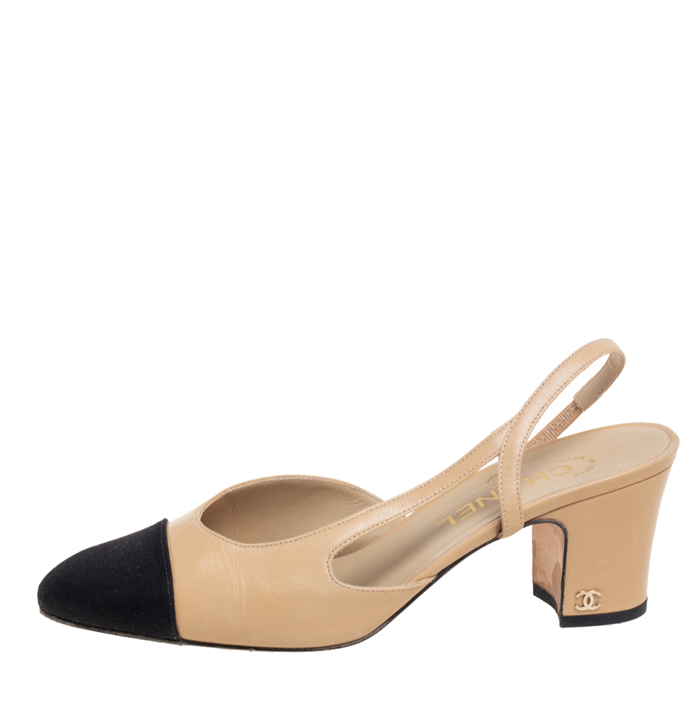 

Chanel Beige/Black Leather CC Cap Toe Slingback Pumps Size