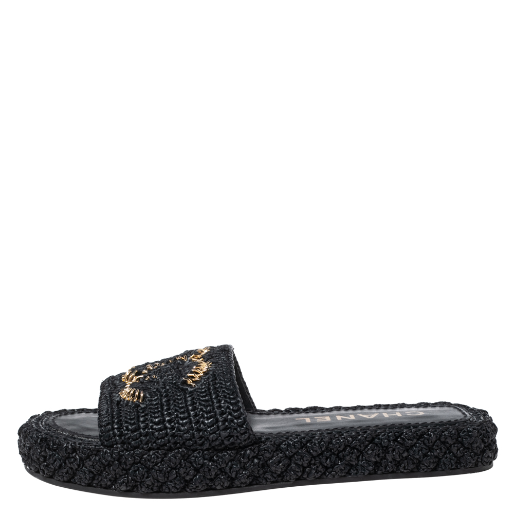 

Chanel Black Woven Raffia CC Cord Slip on Flats Size