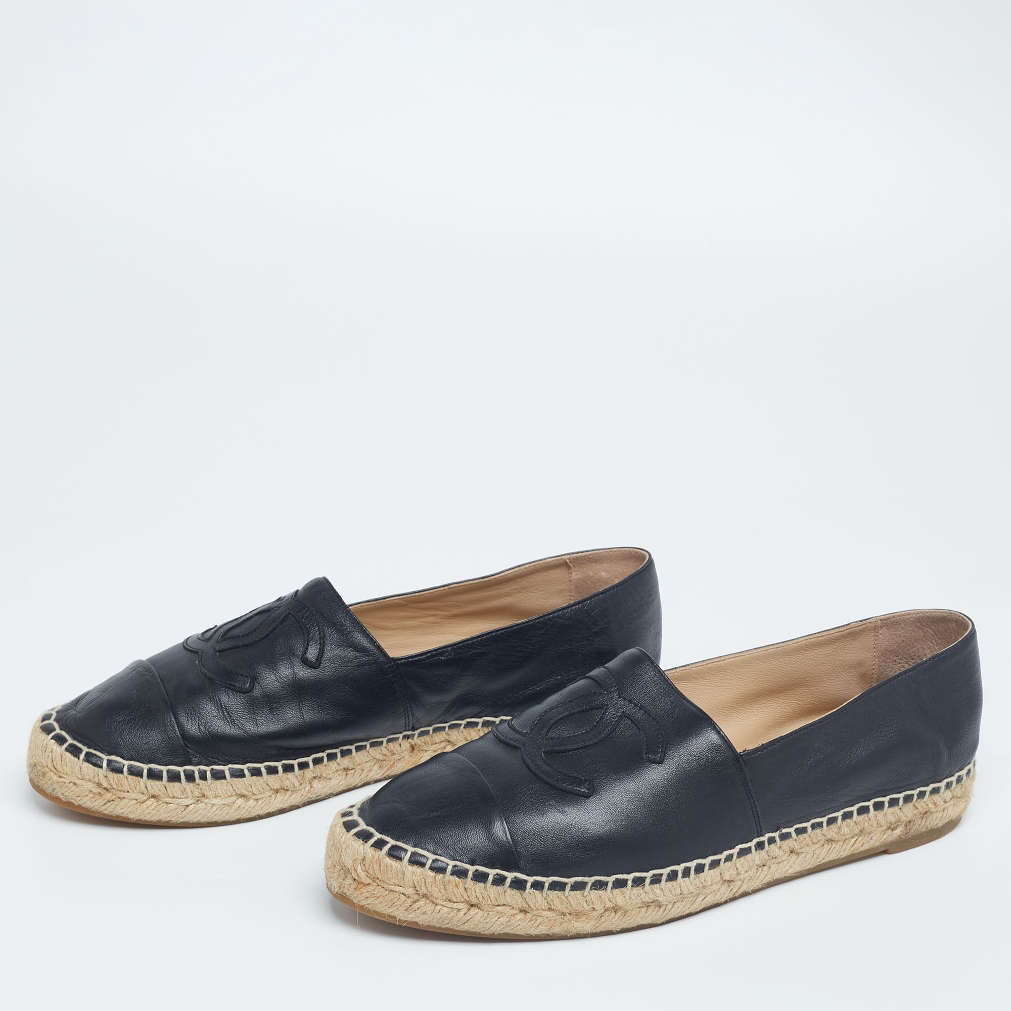 

Chanel Black Leather CC Cap Toe Flat Espadrilles Size