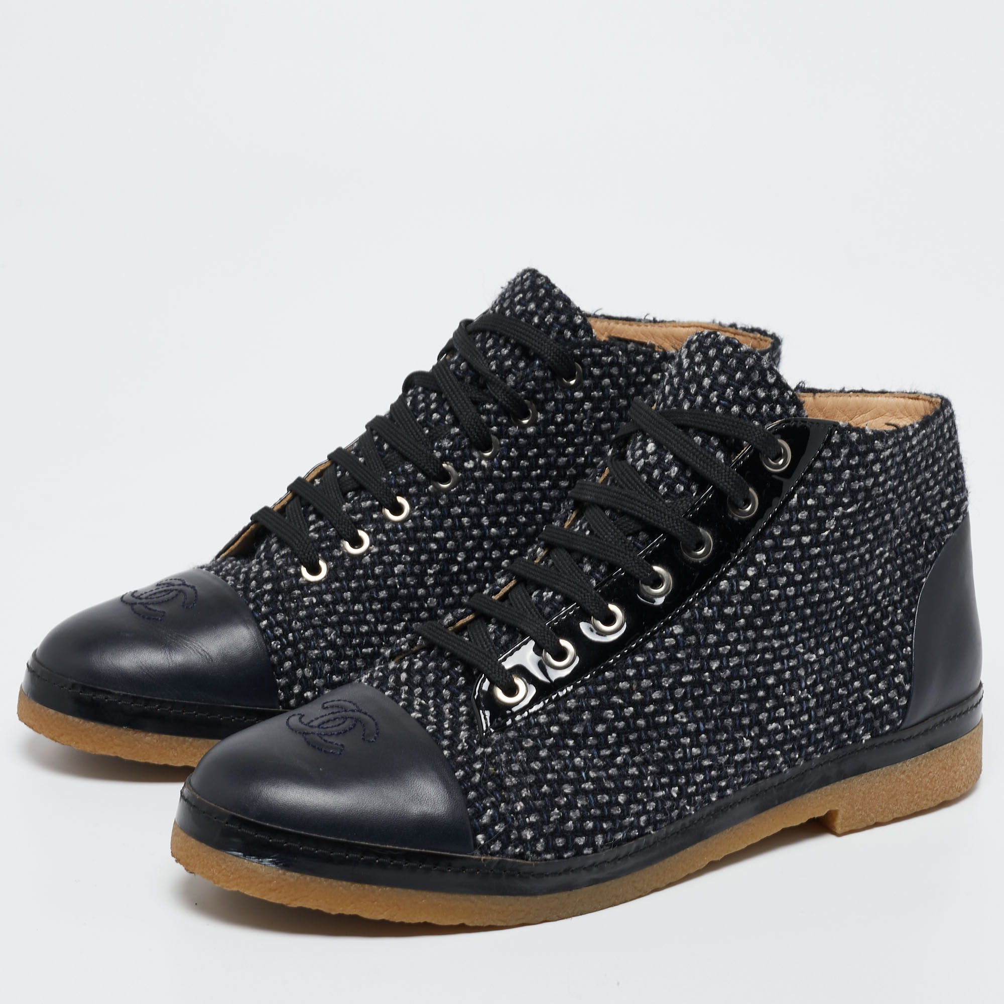 

Chanel Navy Tweed And Leather CC Cap Toe Ankle Boots Size, Navy blue
