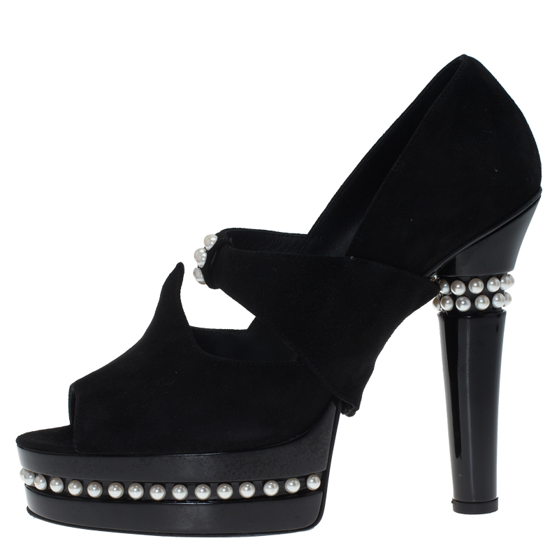 

Chanel Black Suede Moscow Collection Pearl Trim Platform Pumps Size