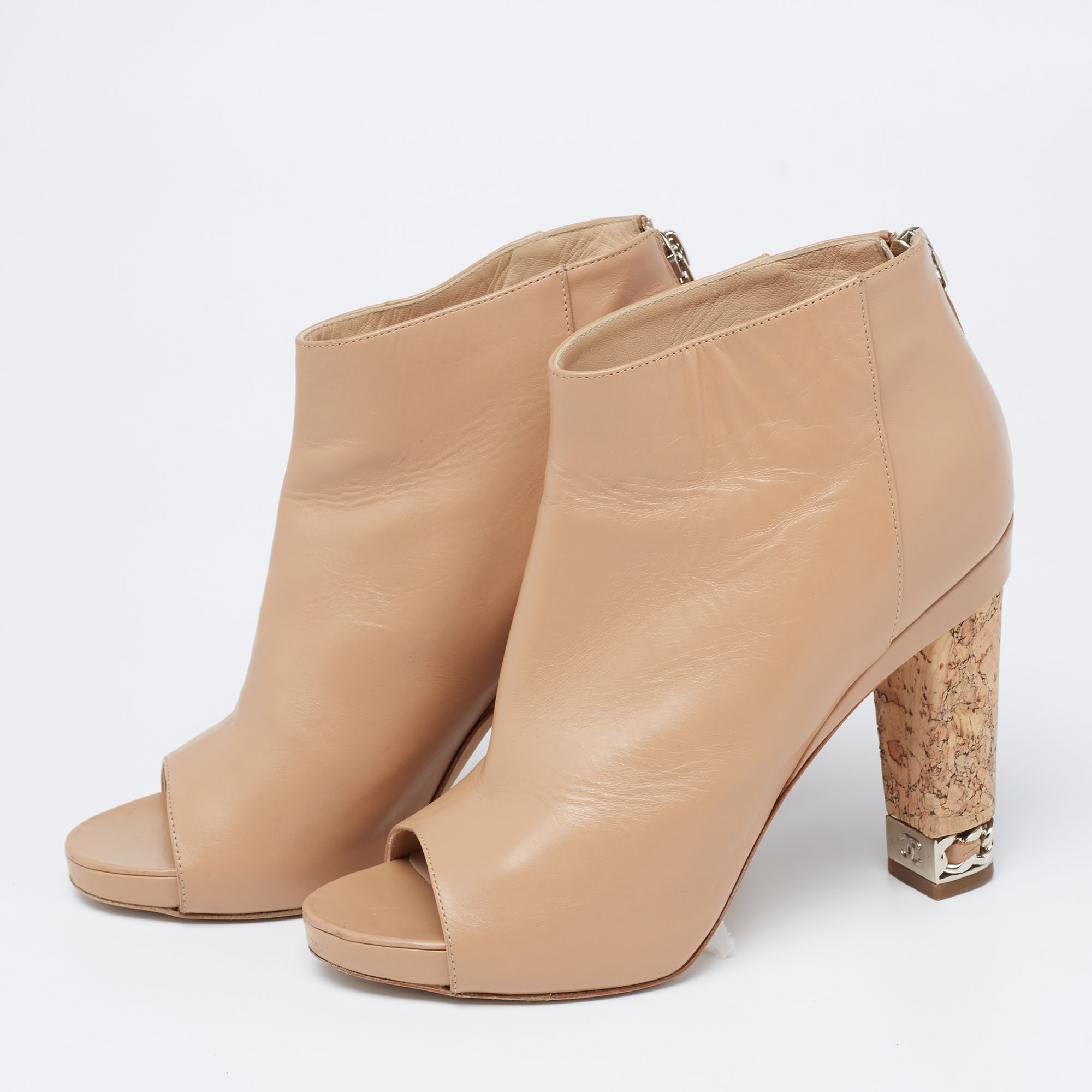 

Chanel Beige Leather Chain Embellished Cork Heel Booties Size