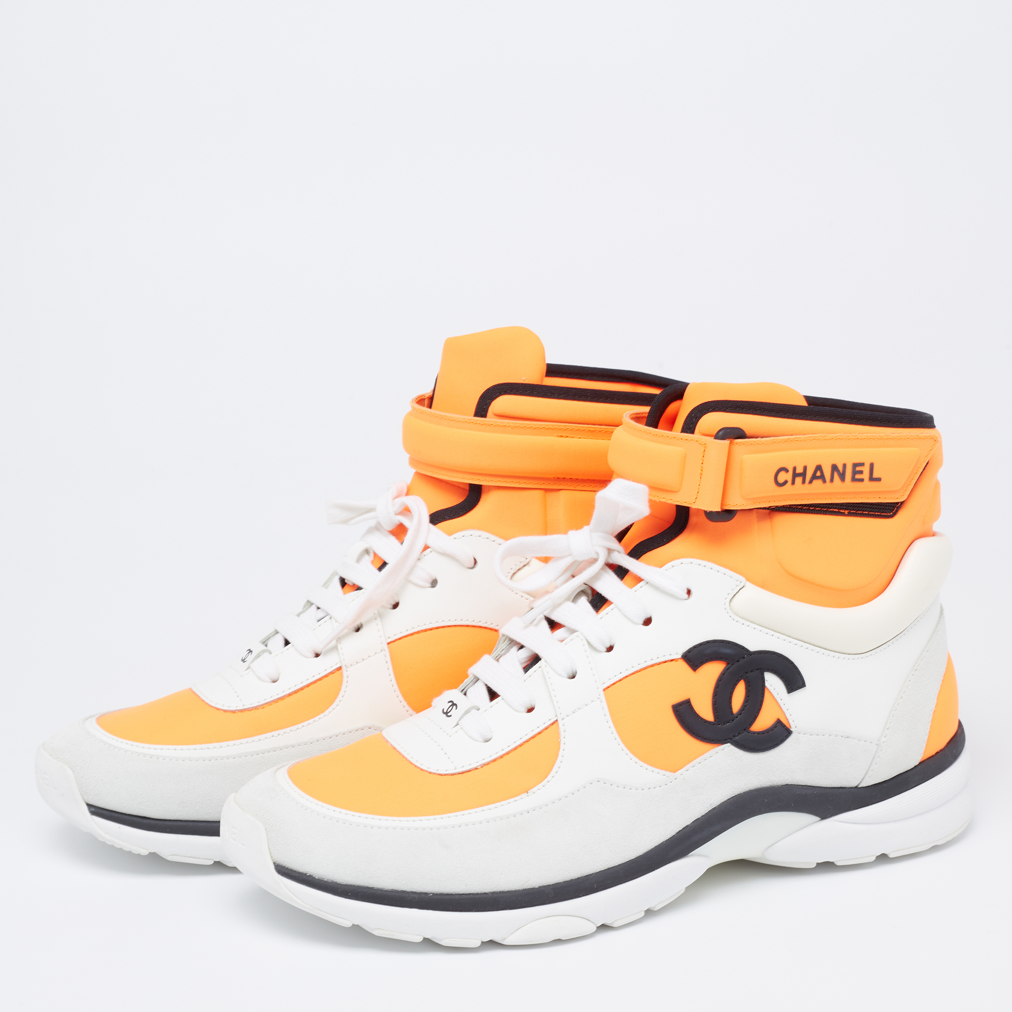 

Chanel Orange/Grey Suede And Leather CC High Top Sneakers Size