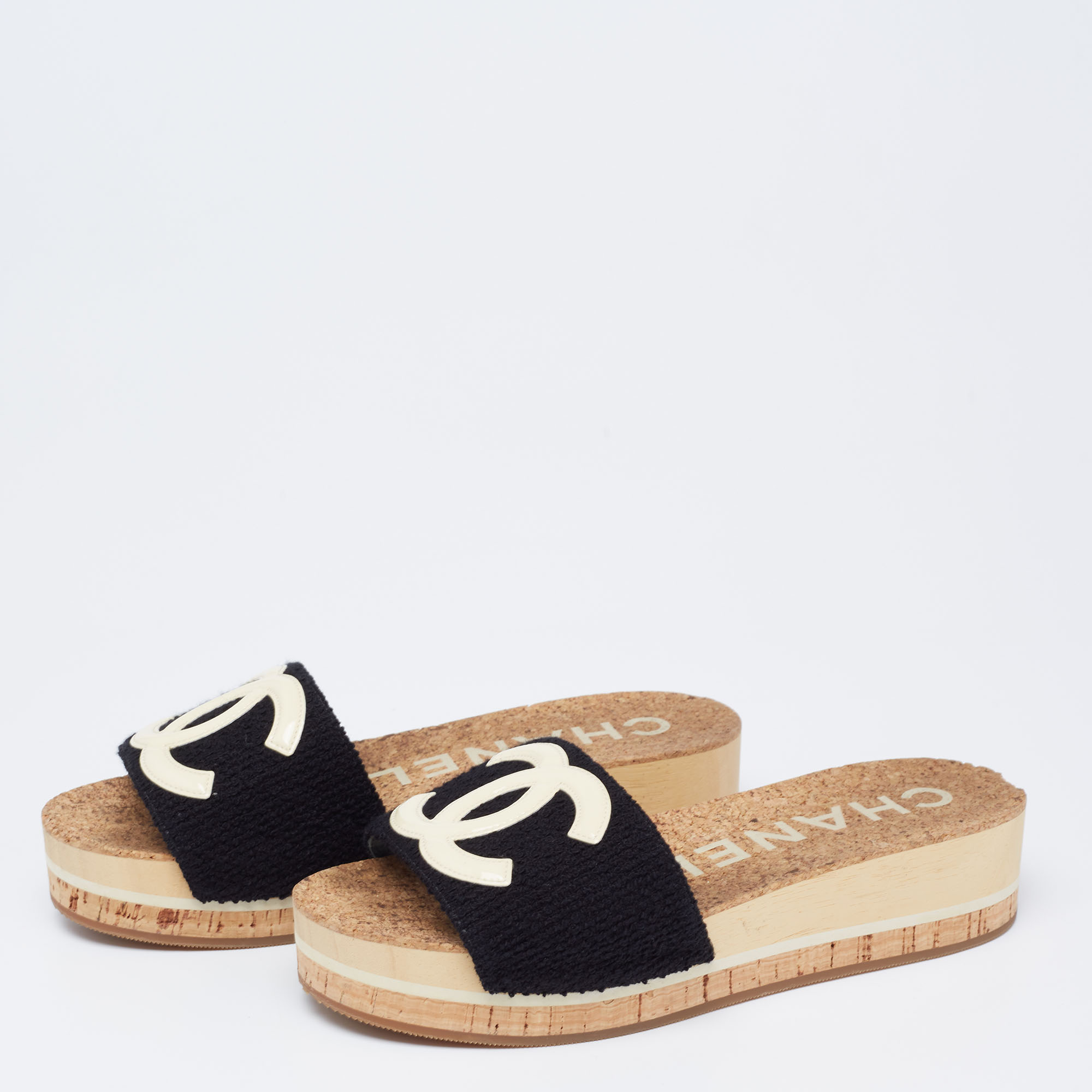 

Chanel Black Tweed CC Platform Slide Sandals Size