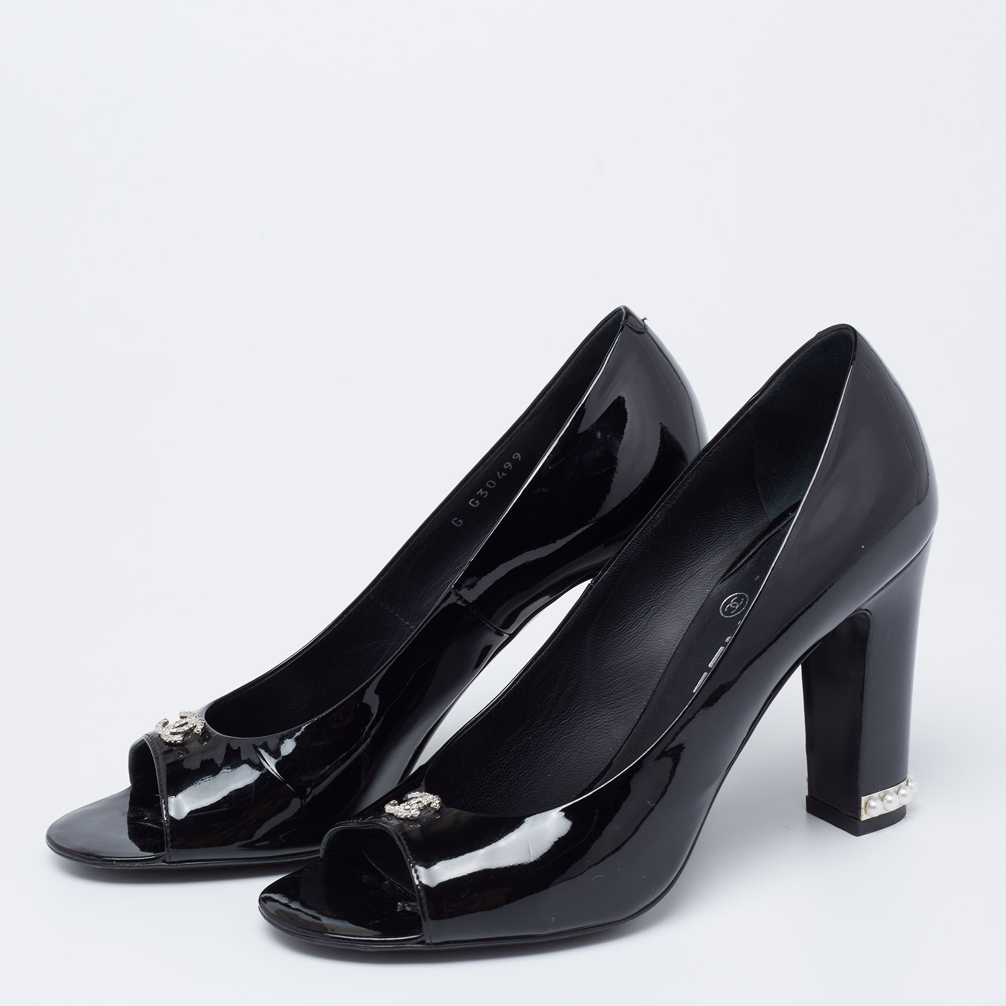 

Chanel Black Patent Leather Embellished Open Toe Pumps Size