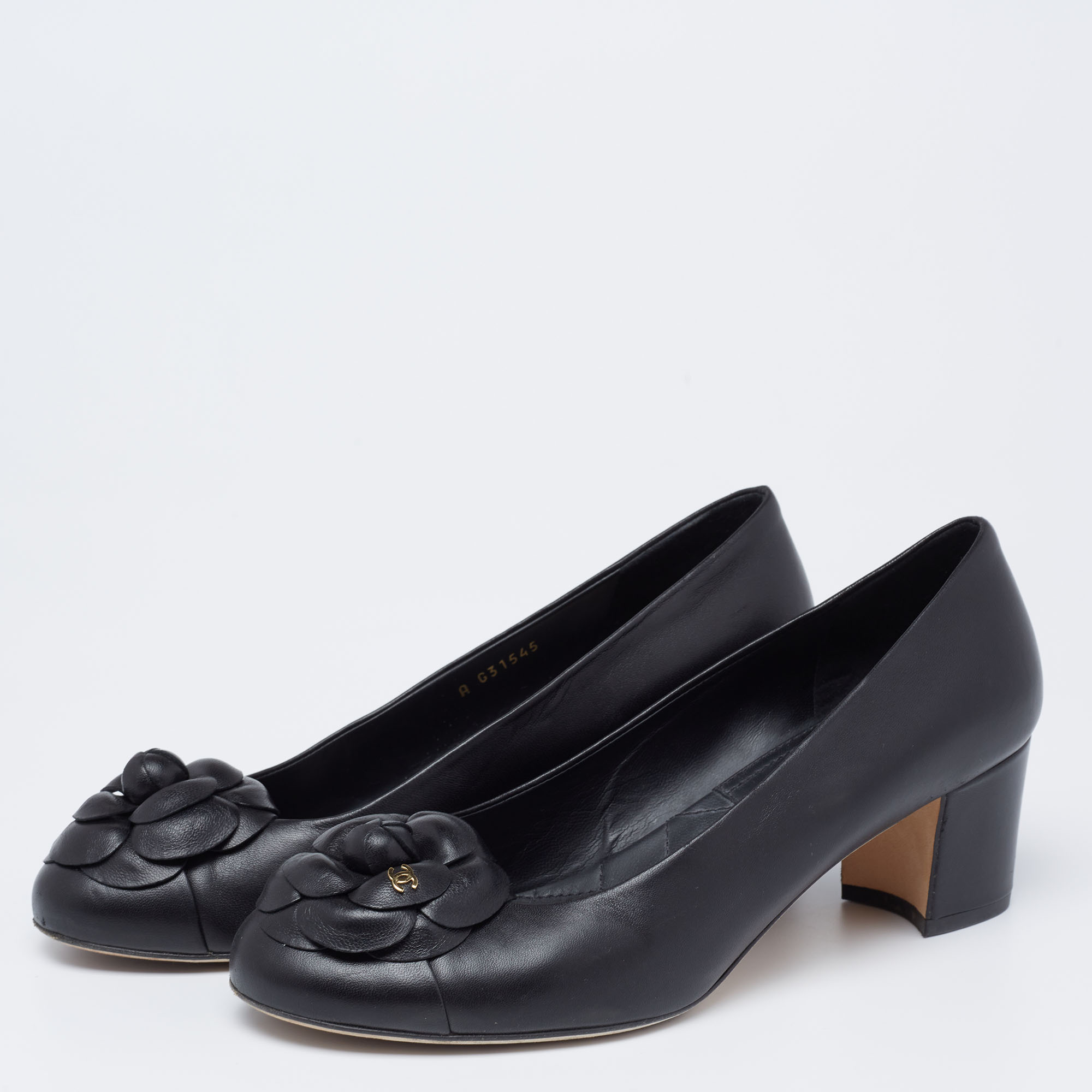 

Chanel Black Leather Camellia Block Heel Pumps Size