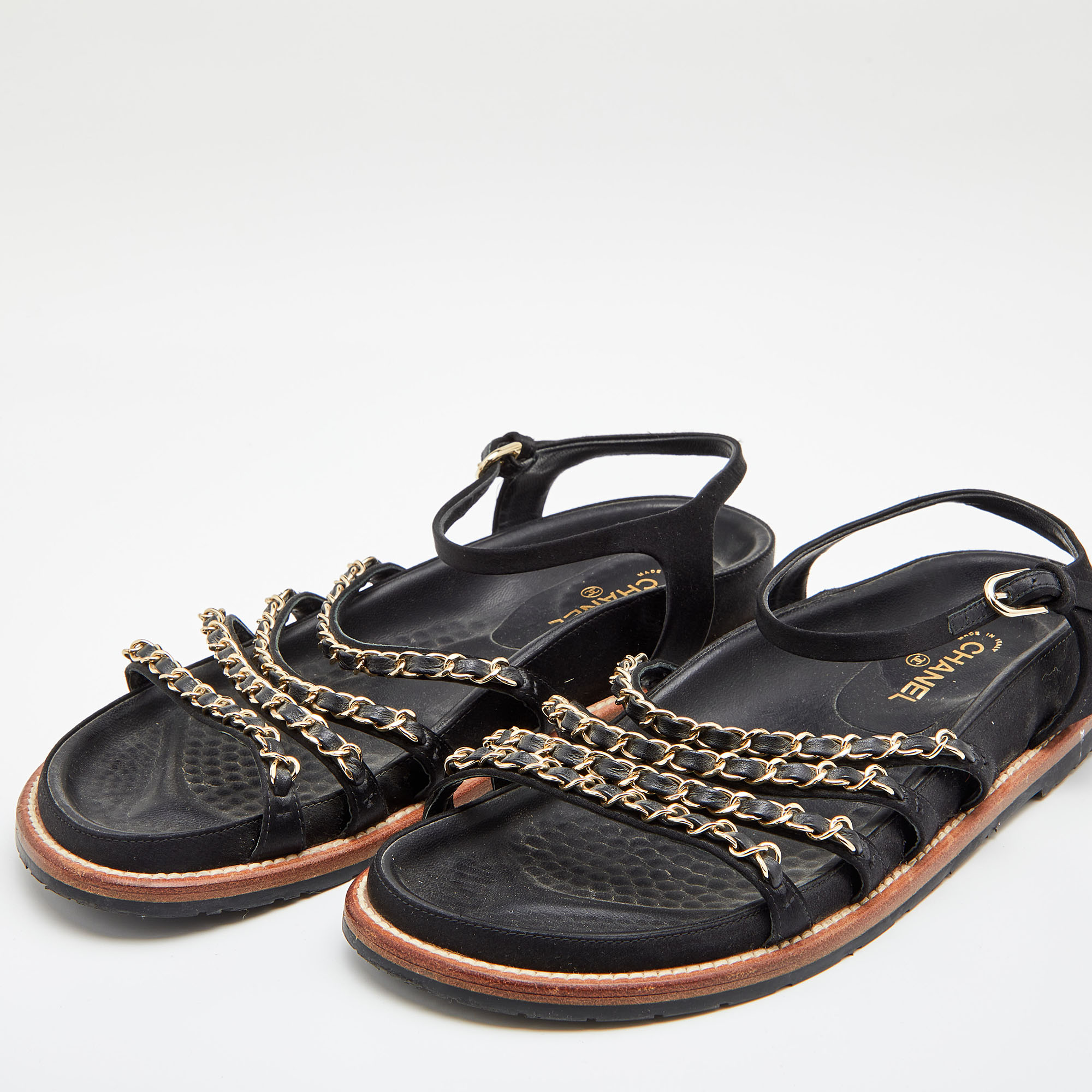

Chanel Black Leather And Satin CC Chain Link Strap Sandals Size