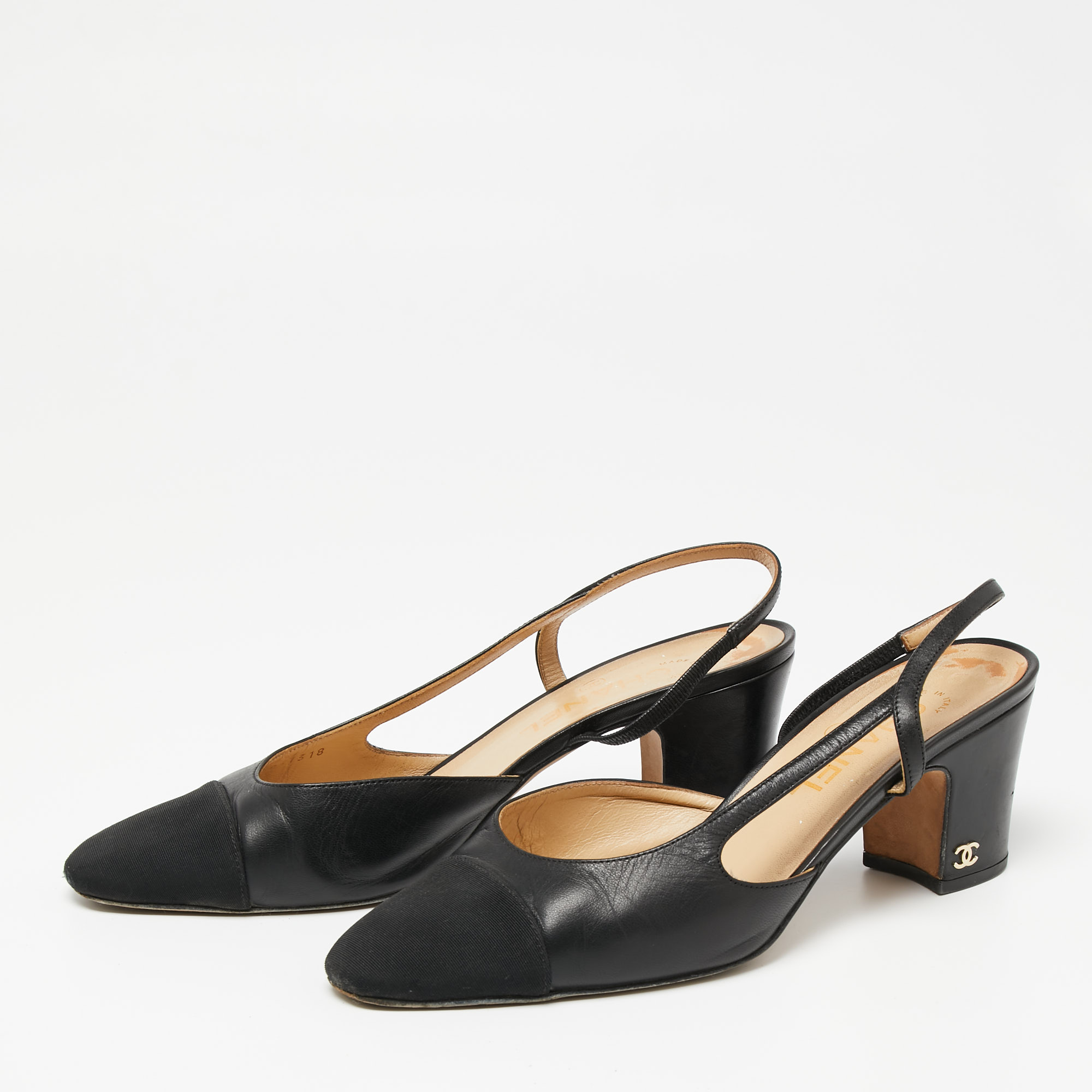 

Chanel Black Leather and Fabric Cap-Toe D'orsay Slingback Pumps Size