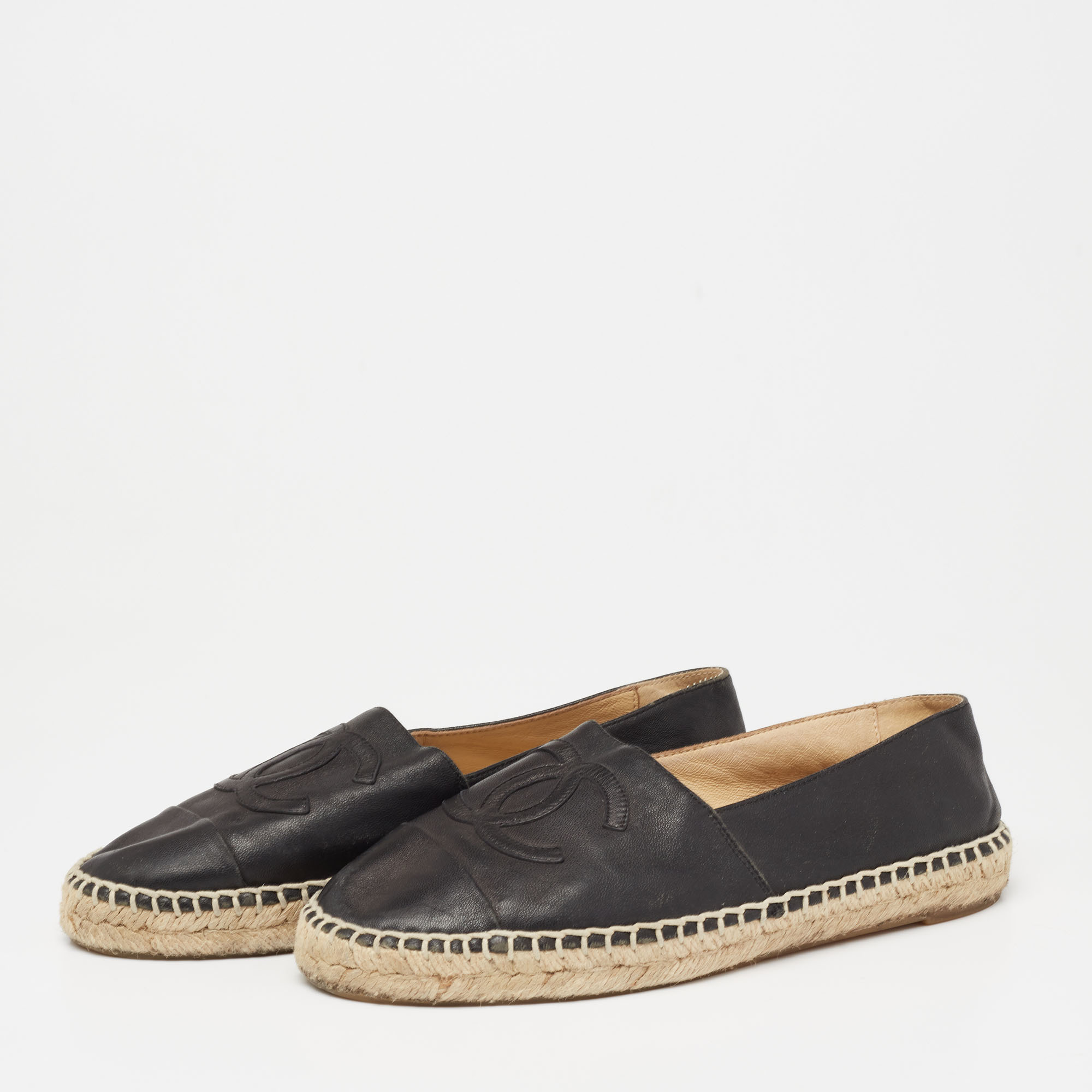 

Chanel Black Leather CC Flat Espadrilles Size