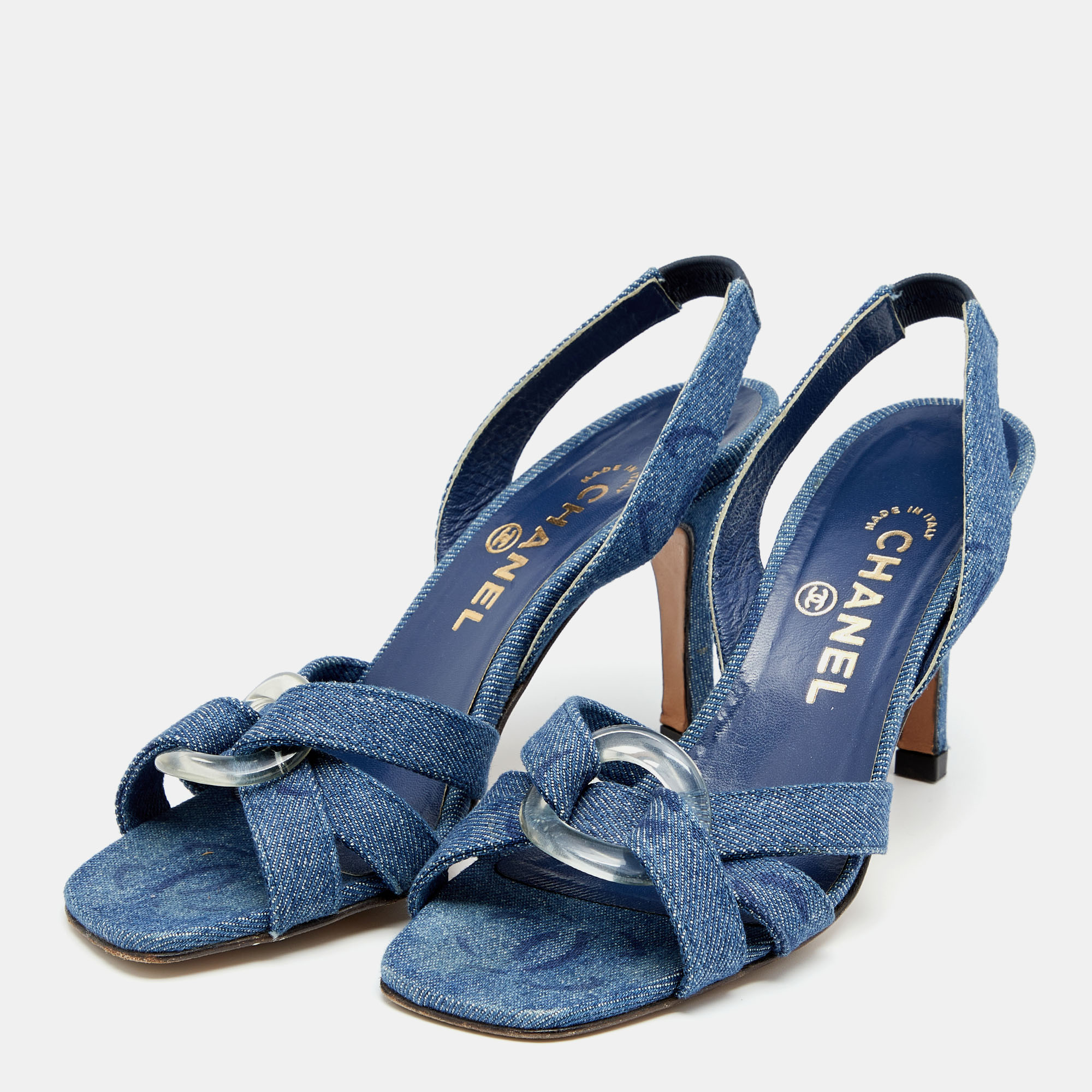 

Chanel Blue Denim Criss Cross Slingback Sandals Size