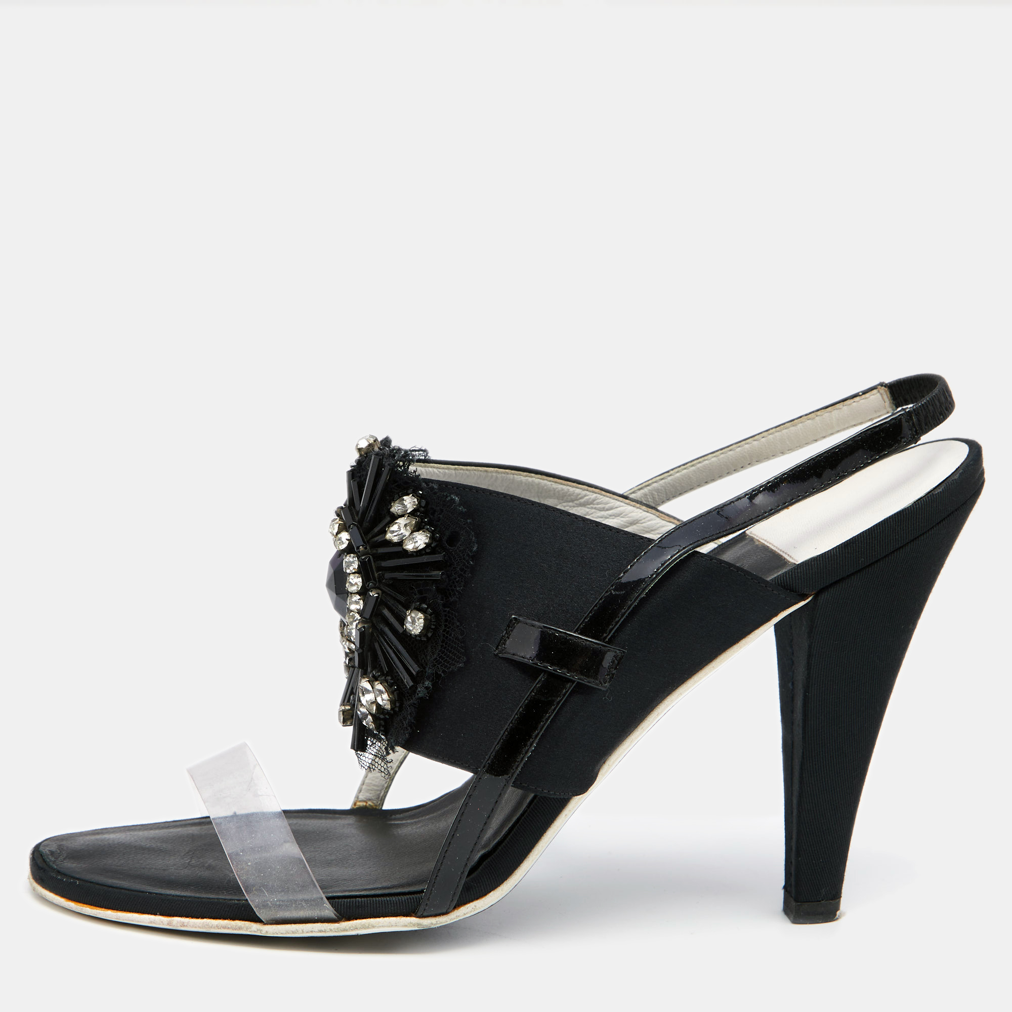 

Chanel Black Satin And PVC Embellished Slingback Sandals Size