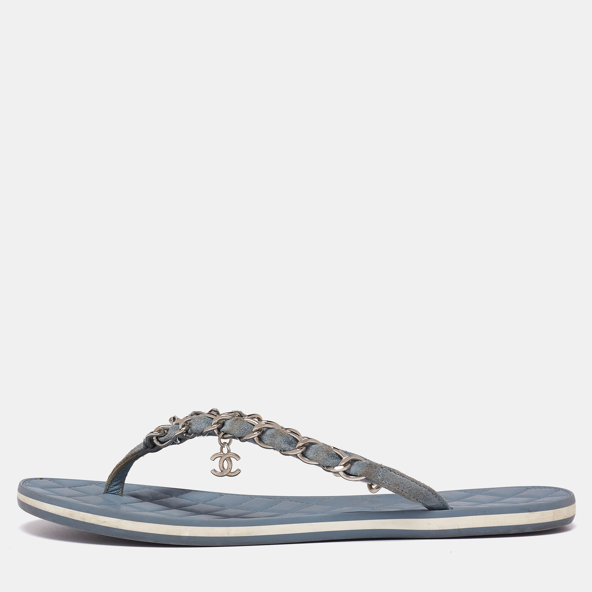 

Chanel Light Blue Suede Chain Link Flat Thong Sandals Size