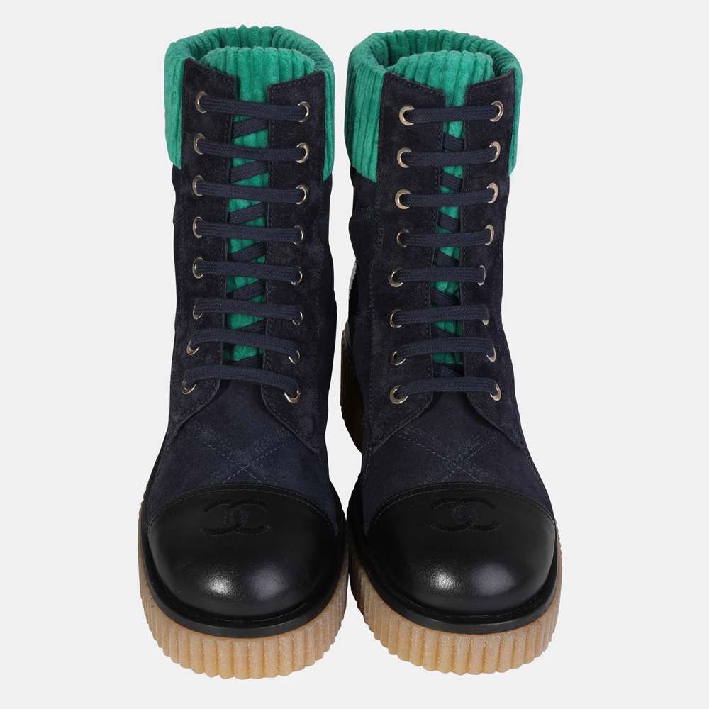 

Chanel Black/Green Suede/Leather/Velvet CC Combat Boots EU