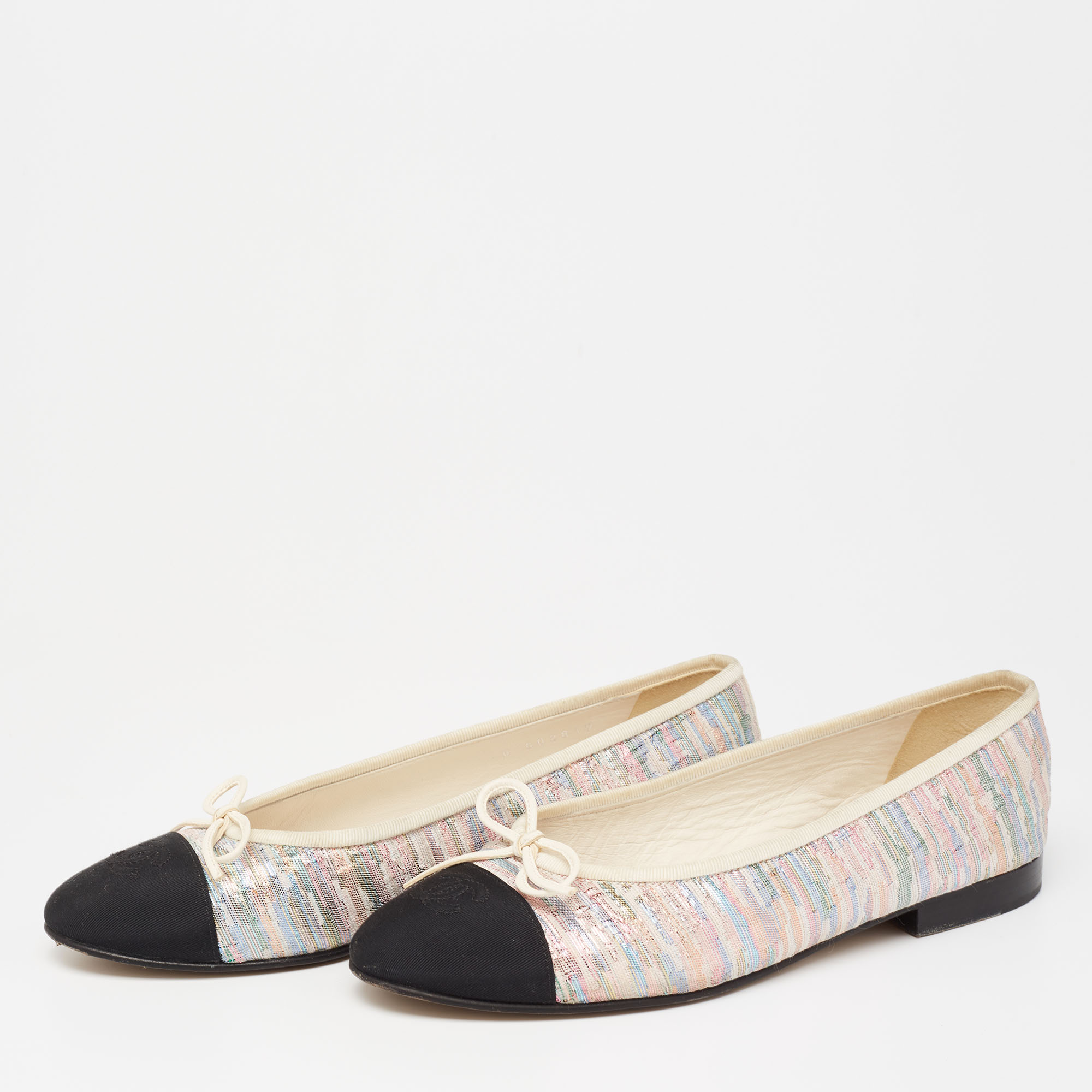 

Chanel Multicolor Lurex Fabric And Canvas CC Cap Toe Bow Ballet Flats Size