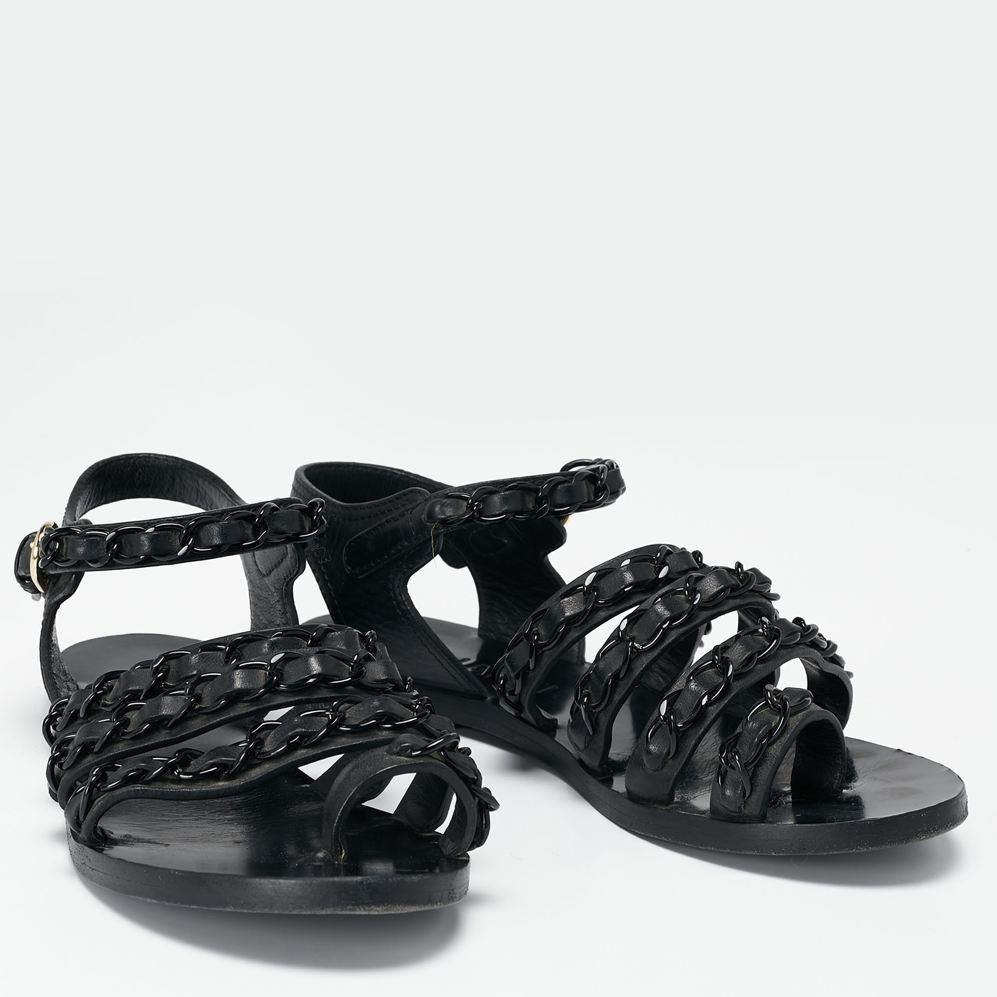 

Chanel Black Leather Chain Flat Sandals Size