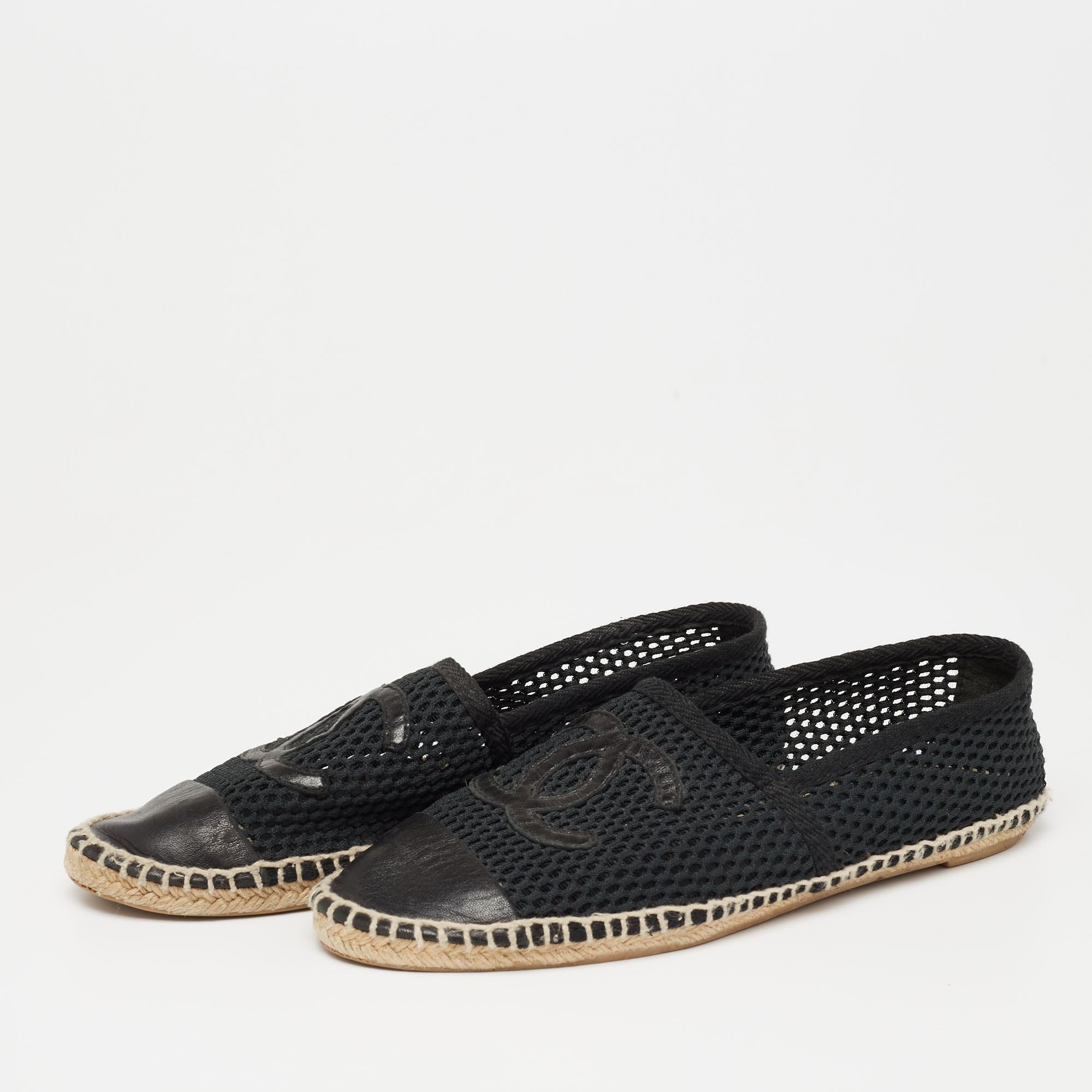 

Chanel Black Leather and Mesh CC Espadrilles Flats Size