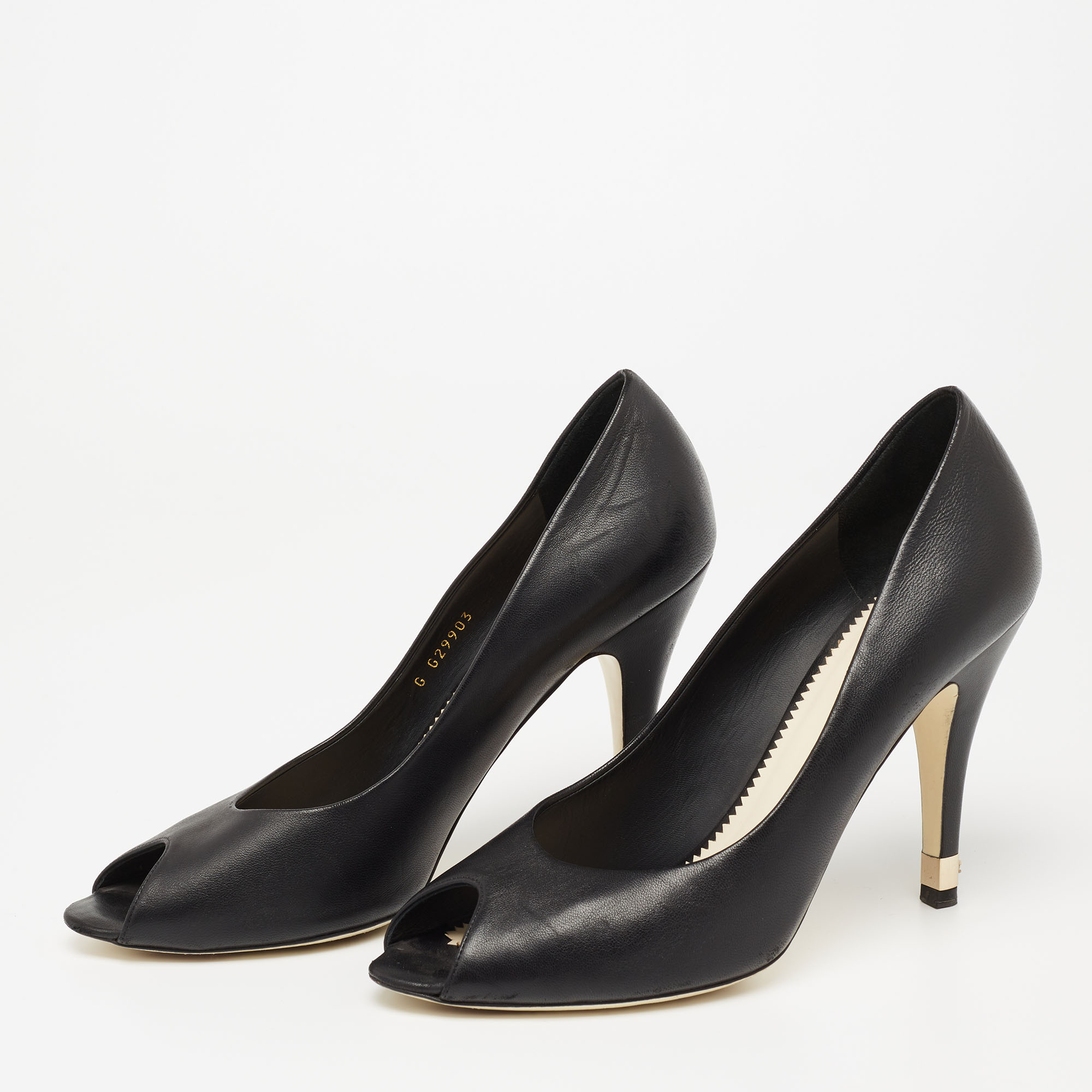 

Chanel Black Leather CC Peep-Toe Pumps Size