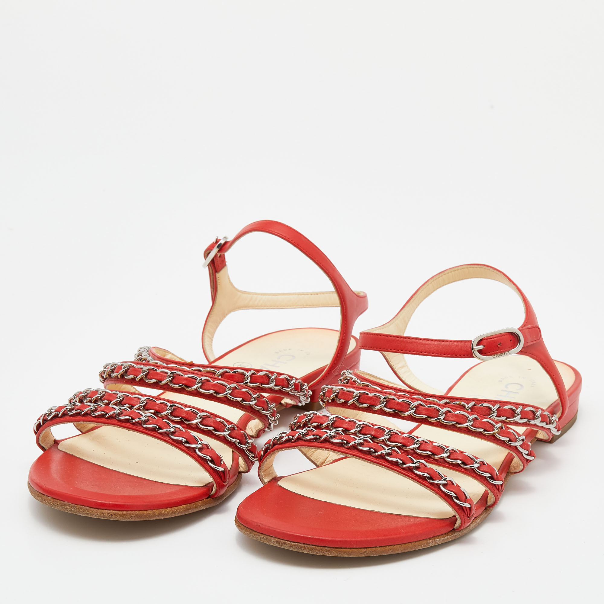 

Chanel Red Leather Chain Detail Strappy Flat Sandals Size