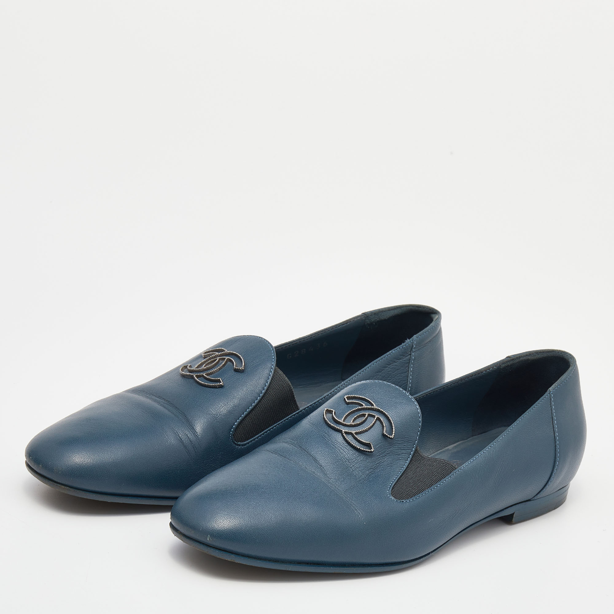 

Chanel Blue Leather CC Slip On Loafers Size