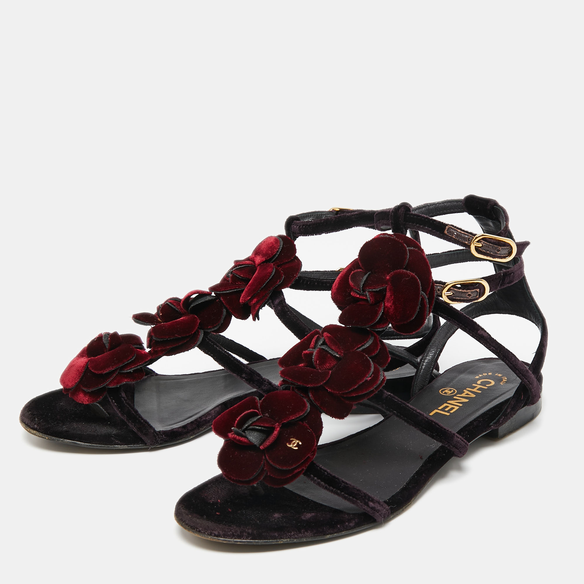 

Chanel Burgundy/Violet Velvet Camellia Flower Strappy Sandals Size