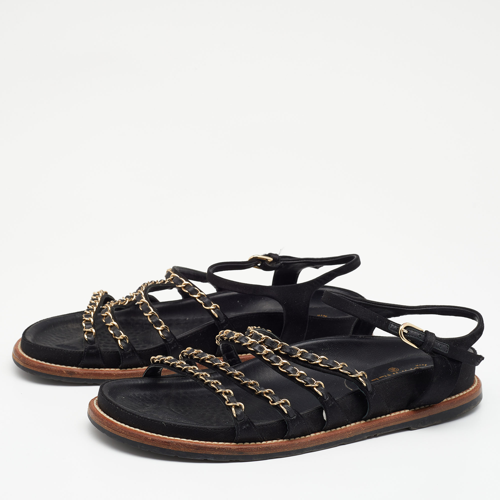 

Chanel Black Leather And Satin Chain Detail Ankle Strap Flat Sandals Size