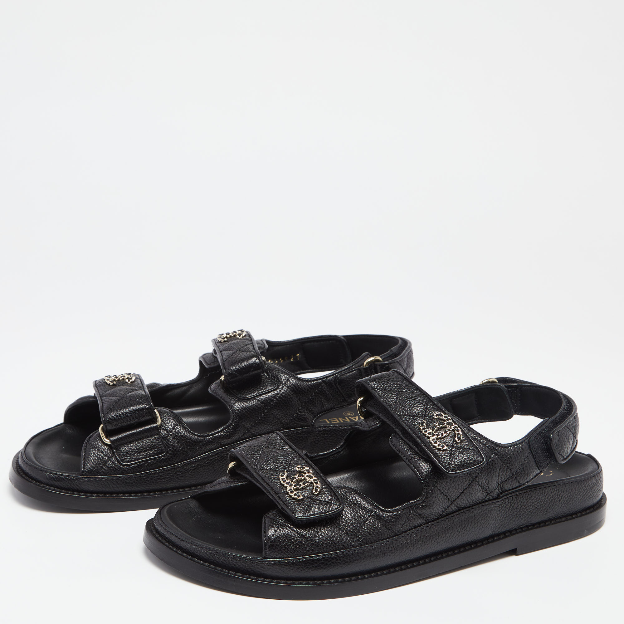 

Chanel Black Quilted Leather CC Velcro Strap Sandals Size