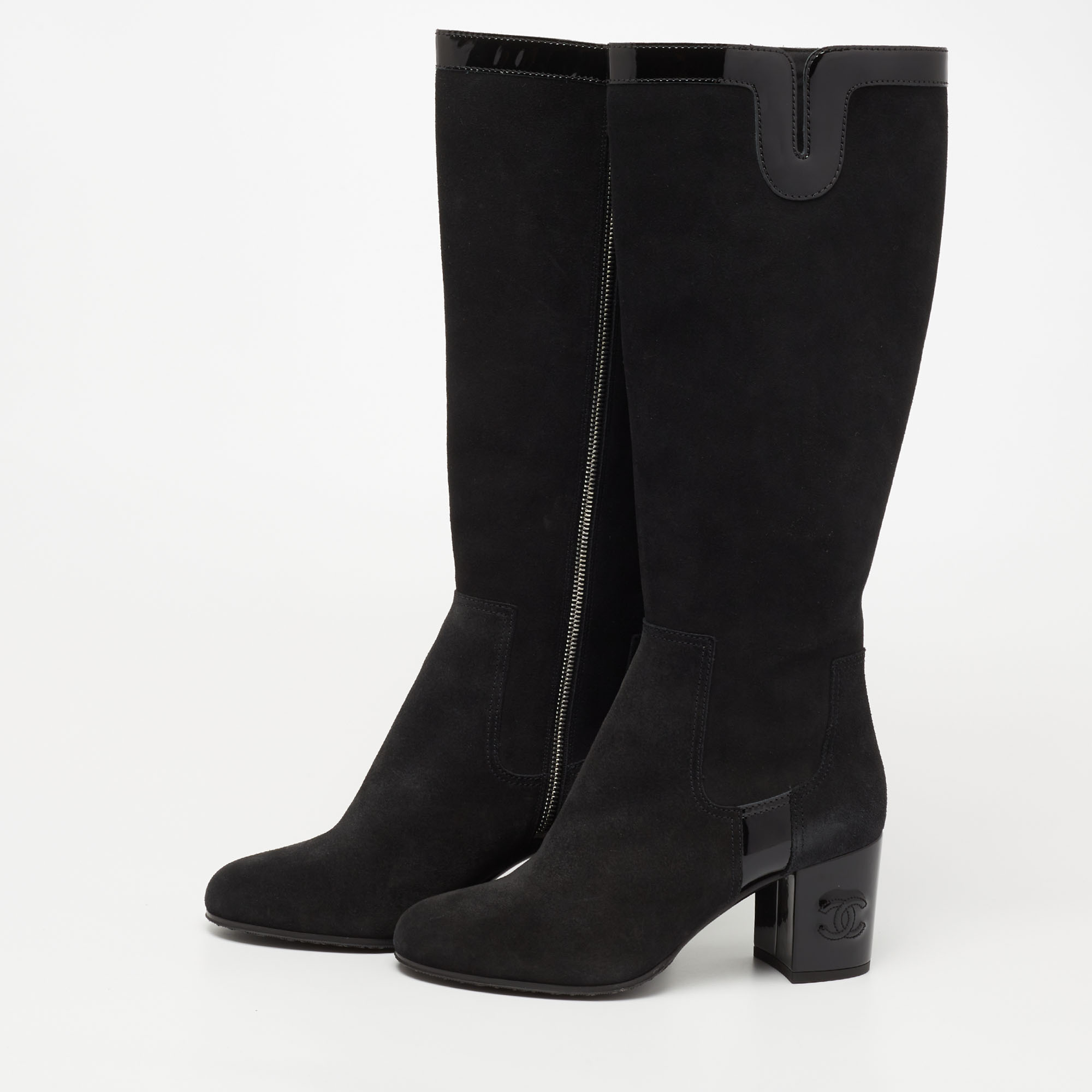 

Chanel Black Suede And Patent Block Mild Calf Boots Size