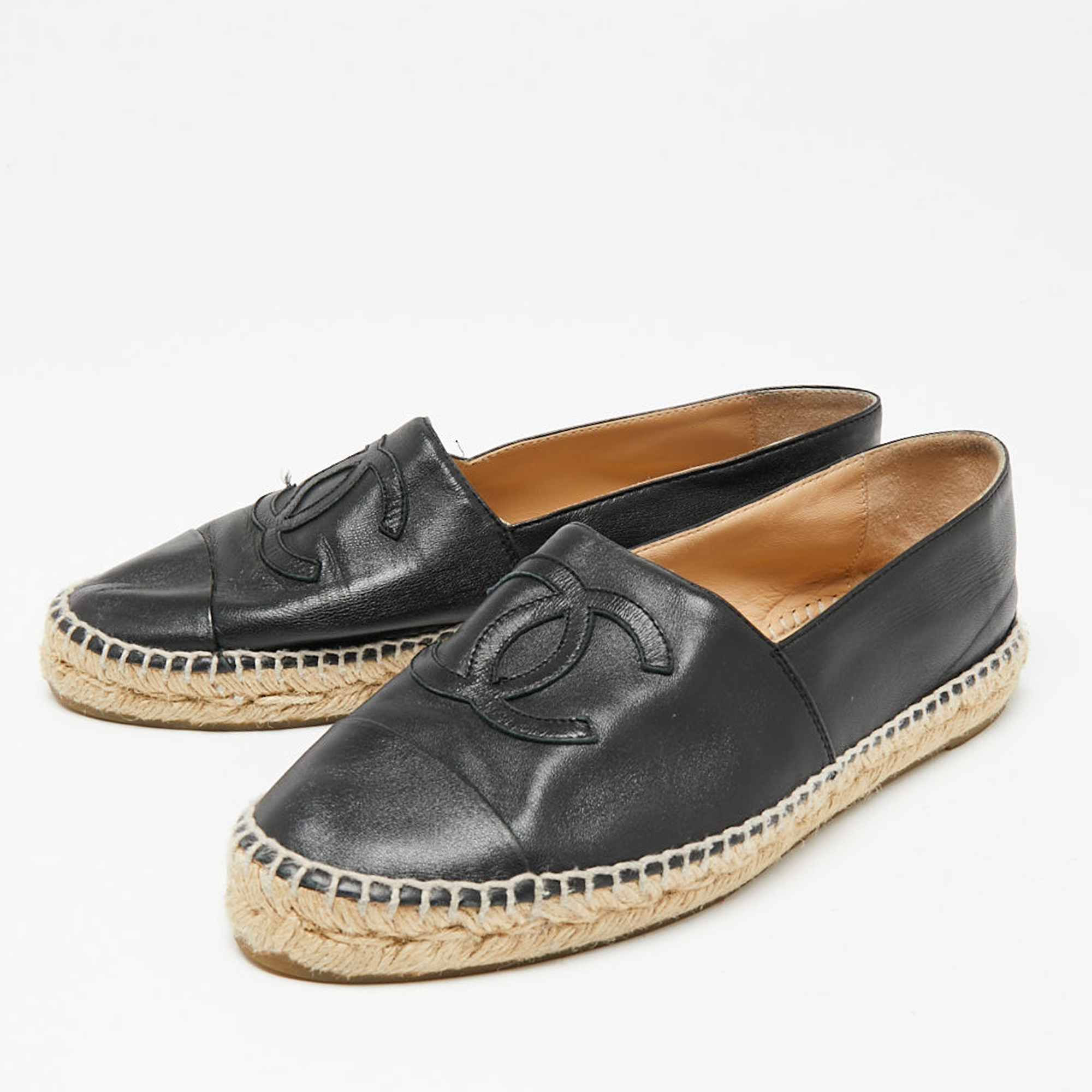 

Chanel Black Leather CC Espadrille Flats Size