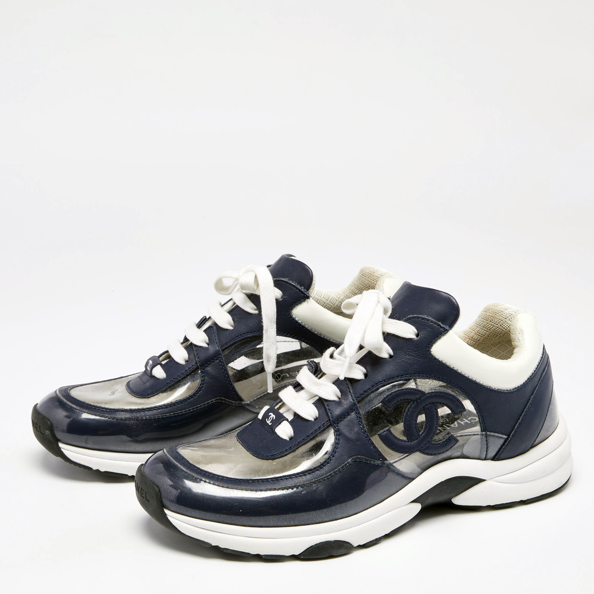 

Chanel Navy Blue PVC And Patent Leather CC Lace Up Sneakers Size