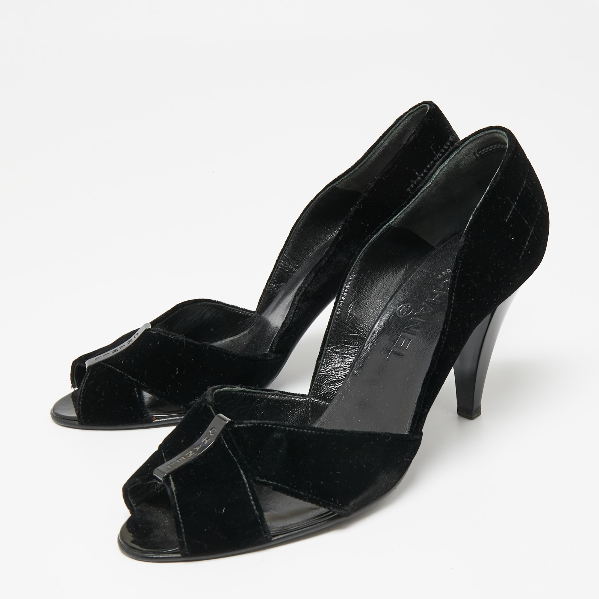 

Chanel Black Velvet Cross Strap Peep-Toe Pumps Size