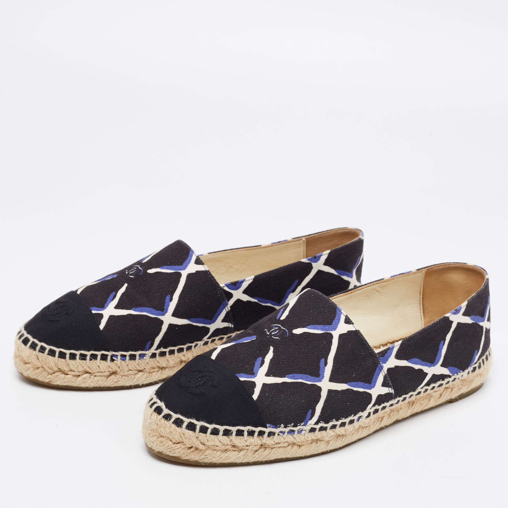 

Chanel Black Lattice Print Canvas Coco Beach CC Cap Toe Espadrille Flats Size