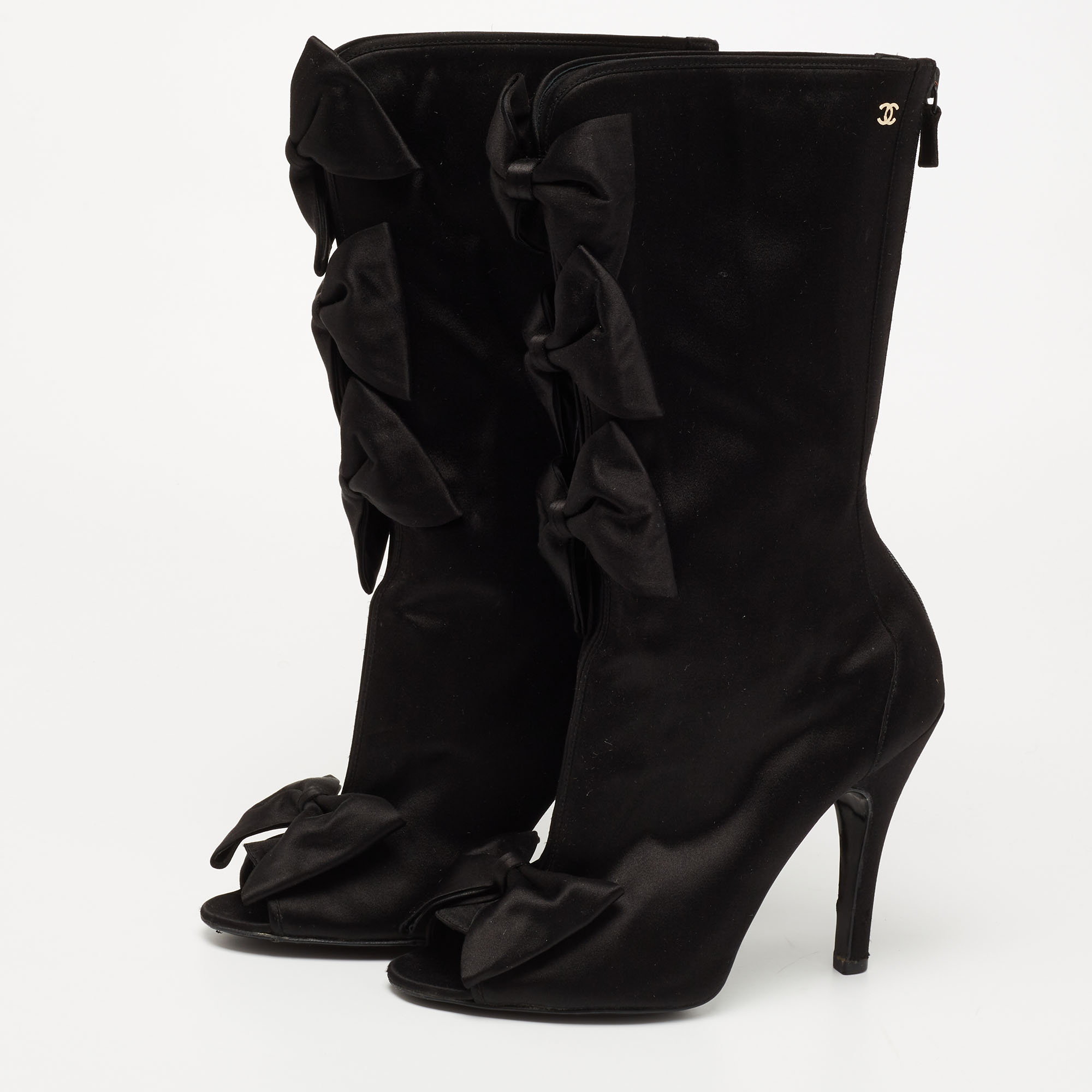 

Chanel Black Satin CC Bow Detail Peep Toe Mid Calf Boots Size
