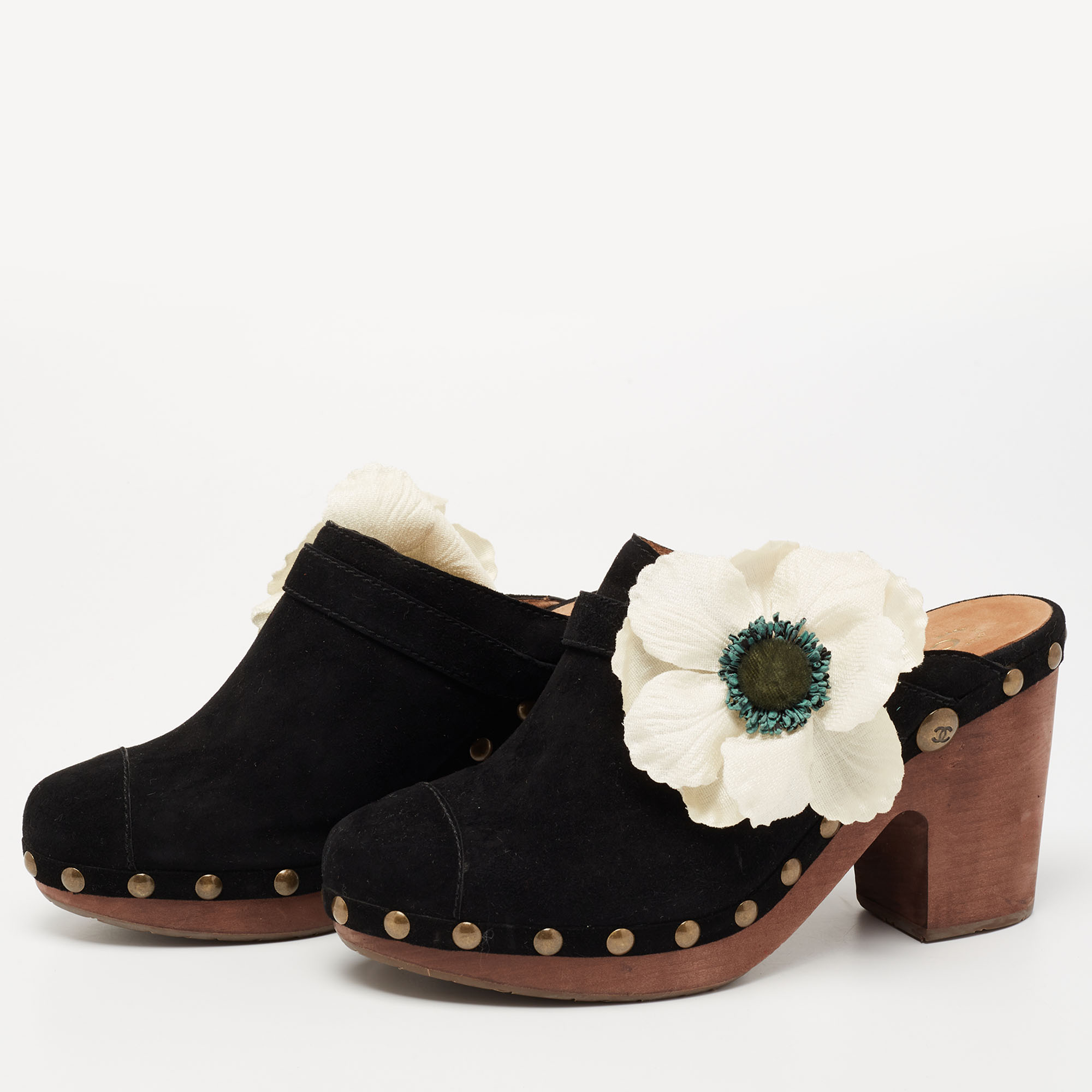 

Chanel Black Suede Studded Wood Platform Clogs Size