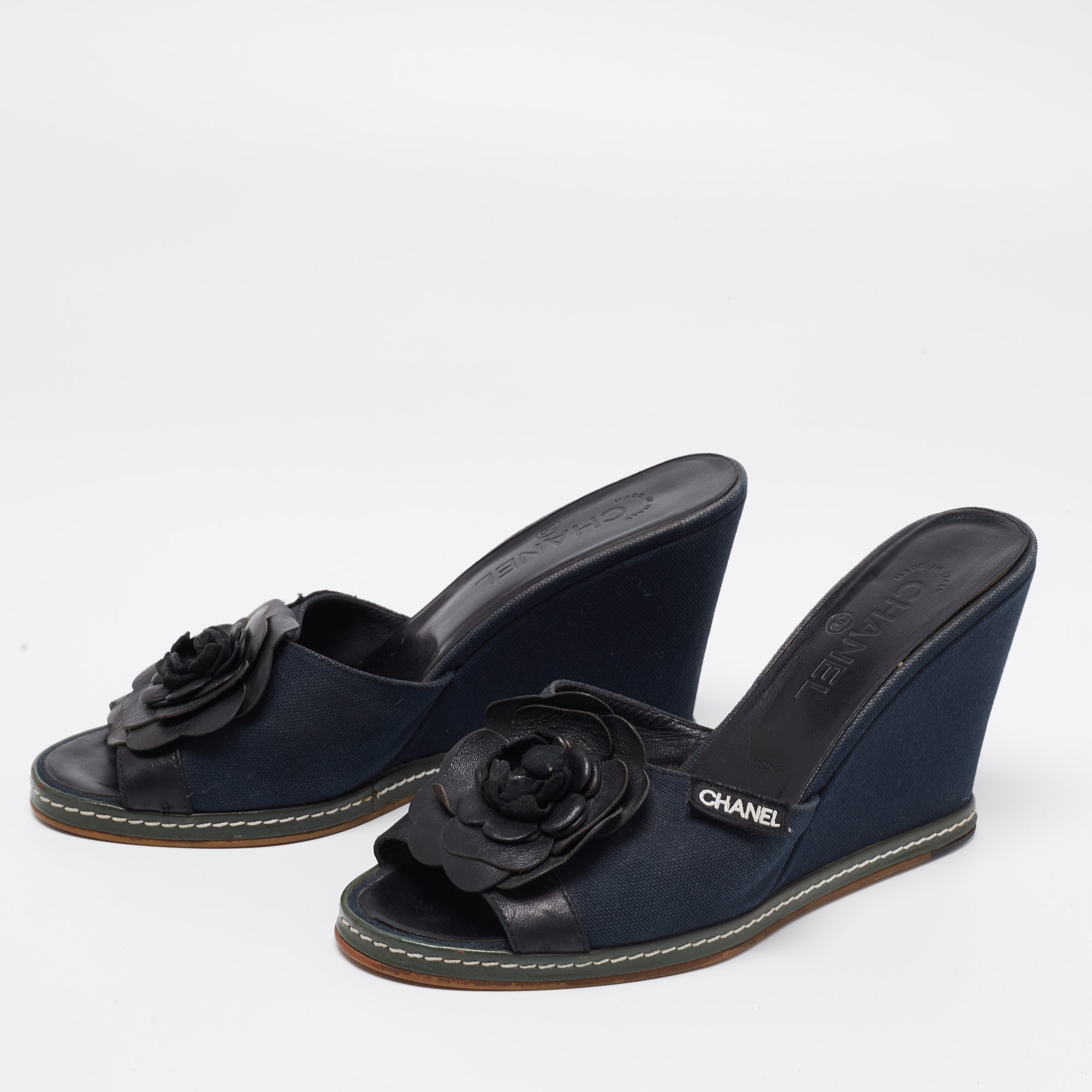 

Chanel Blue/Black Camellia Slide Wedge Sandals Size