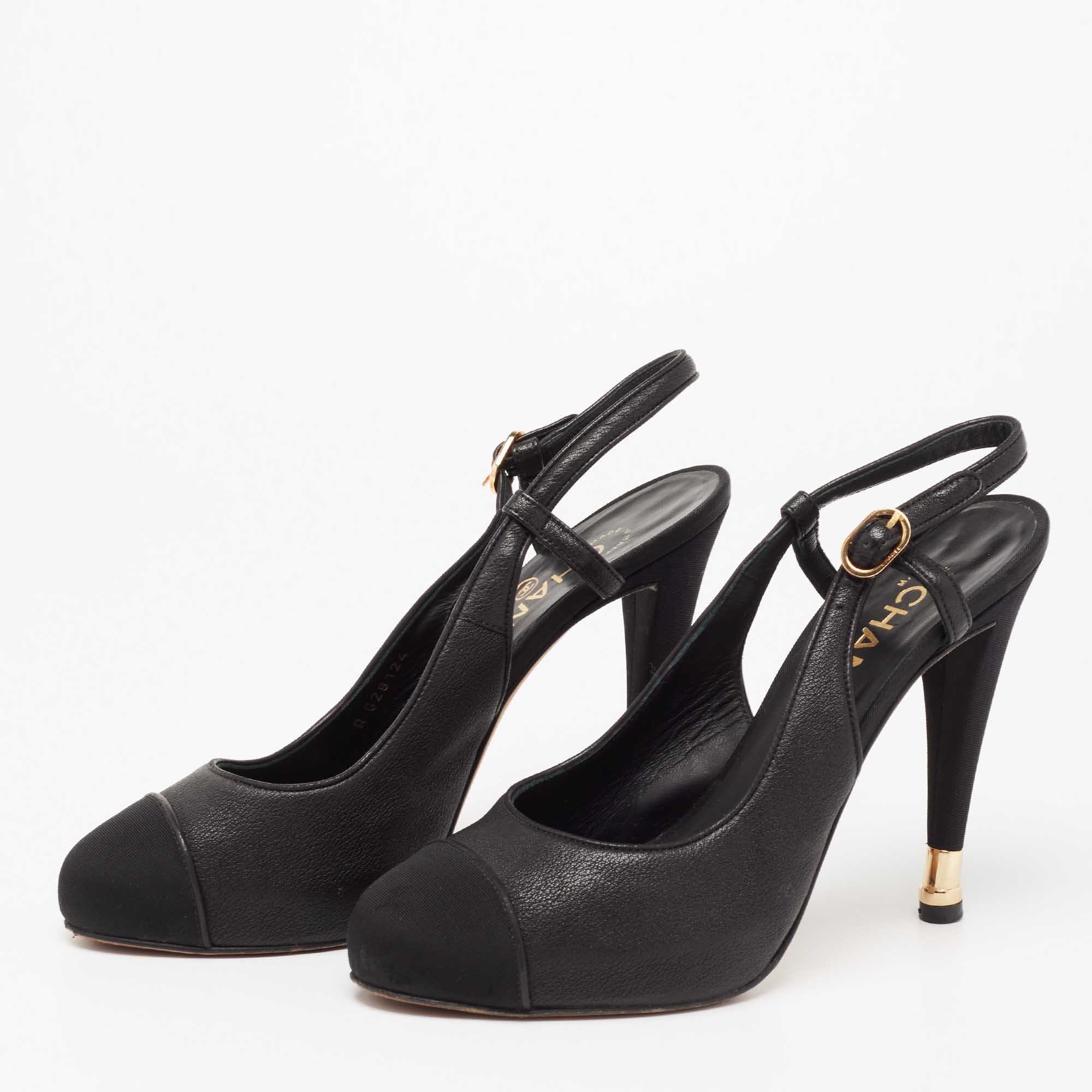 

Chanel Black Leather and Fabric Cap Toe Slingback Pumps Size