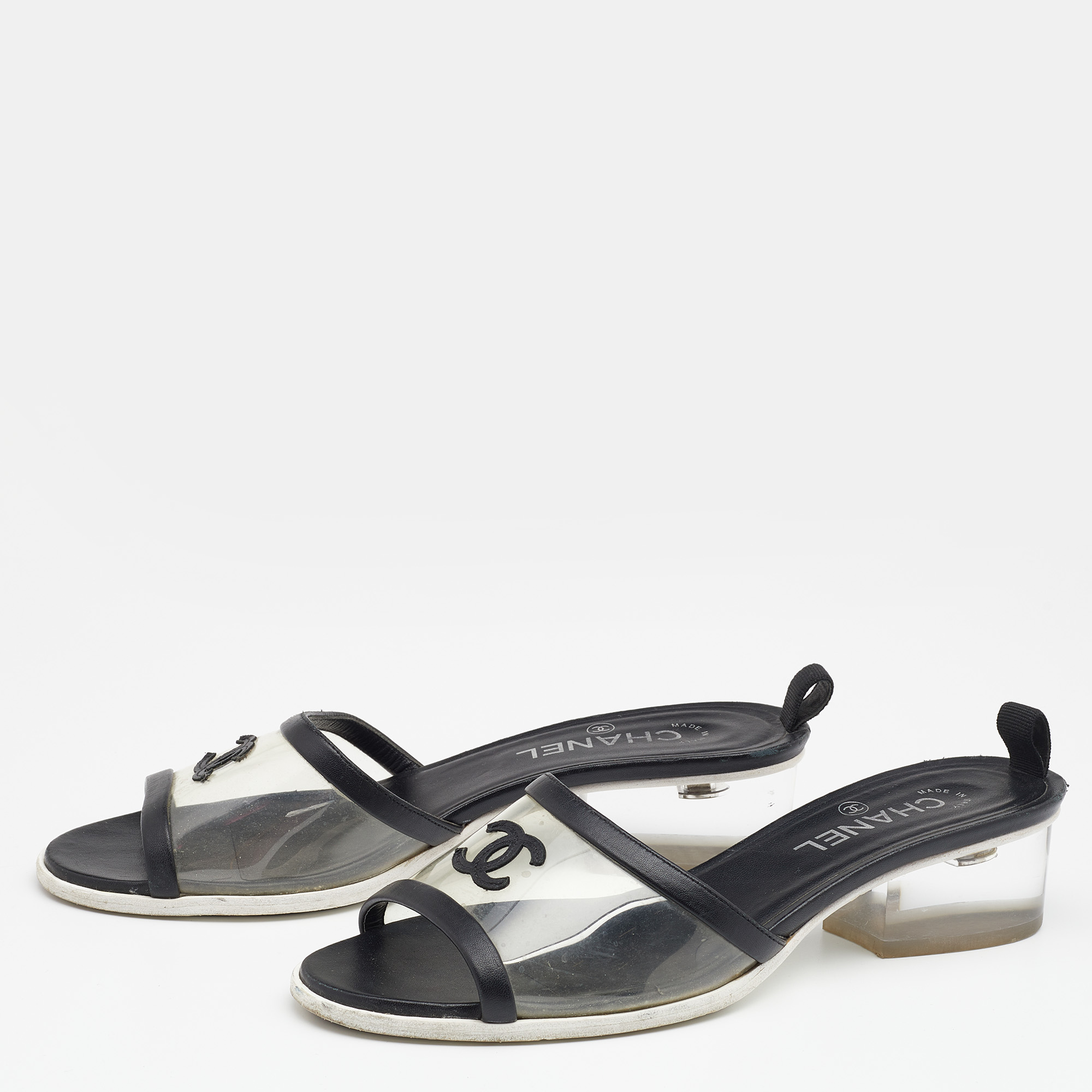 

Chanel Black Leather And PVC CC Block Heel Slide Sandals Size