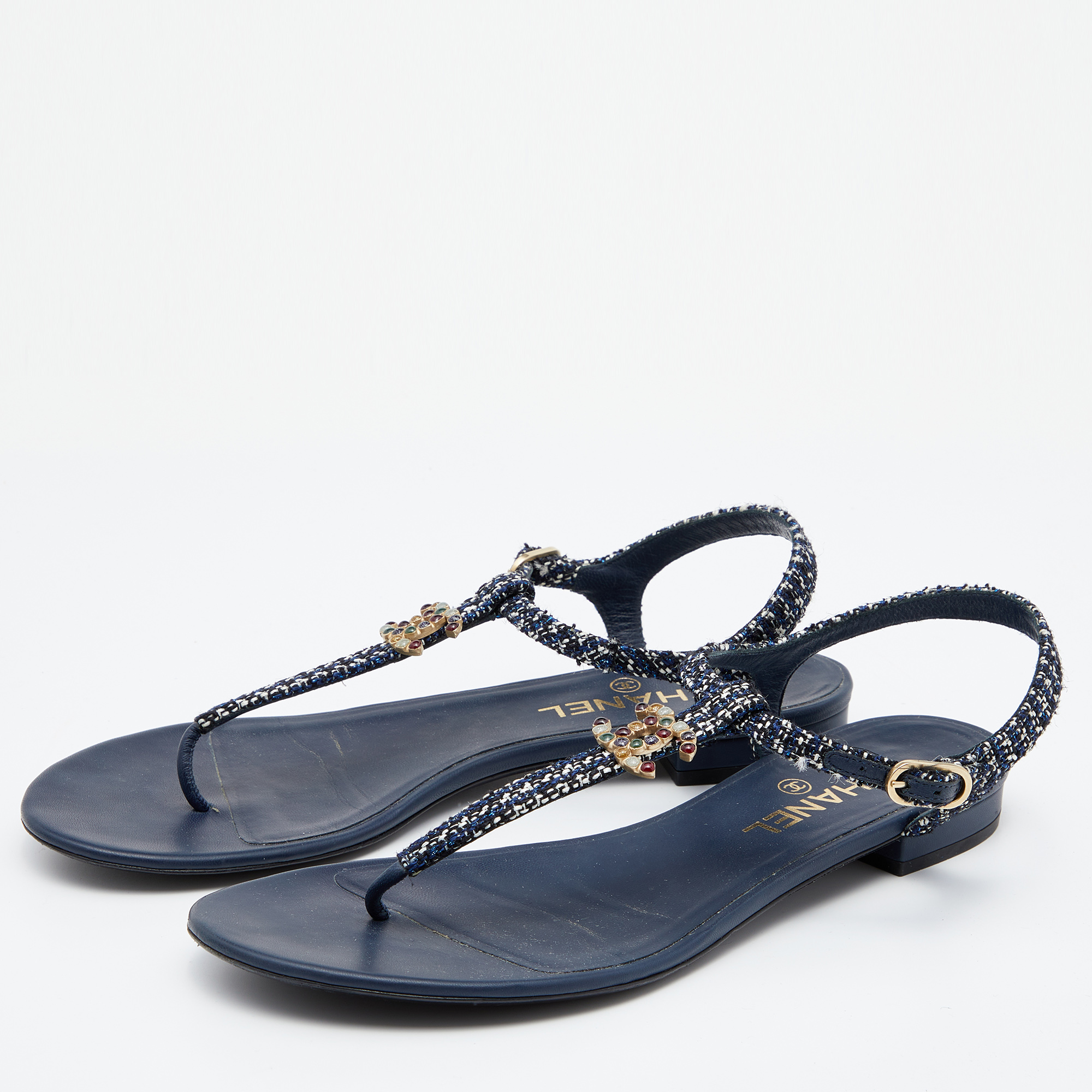 

Chanel Navy Blue Tweed And Leather CC Crystal Embellished T-Strap Thong Flat Sandals Size