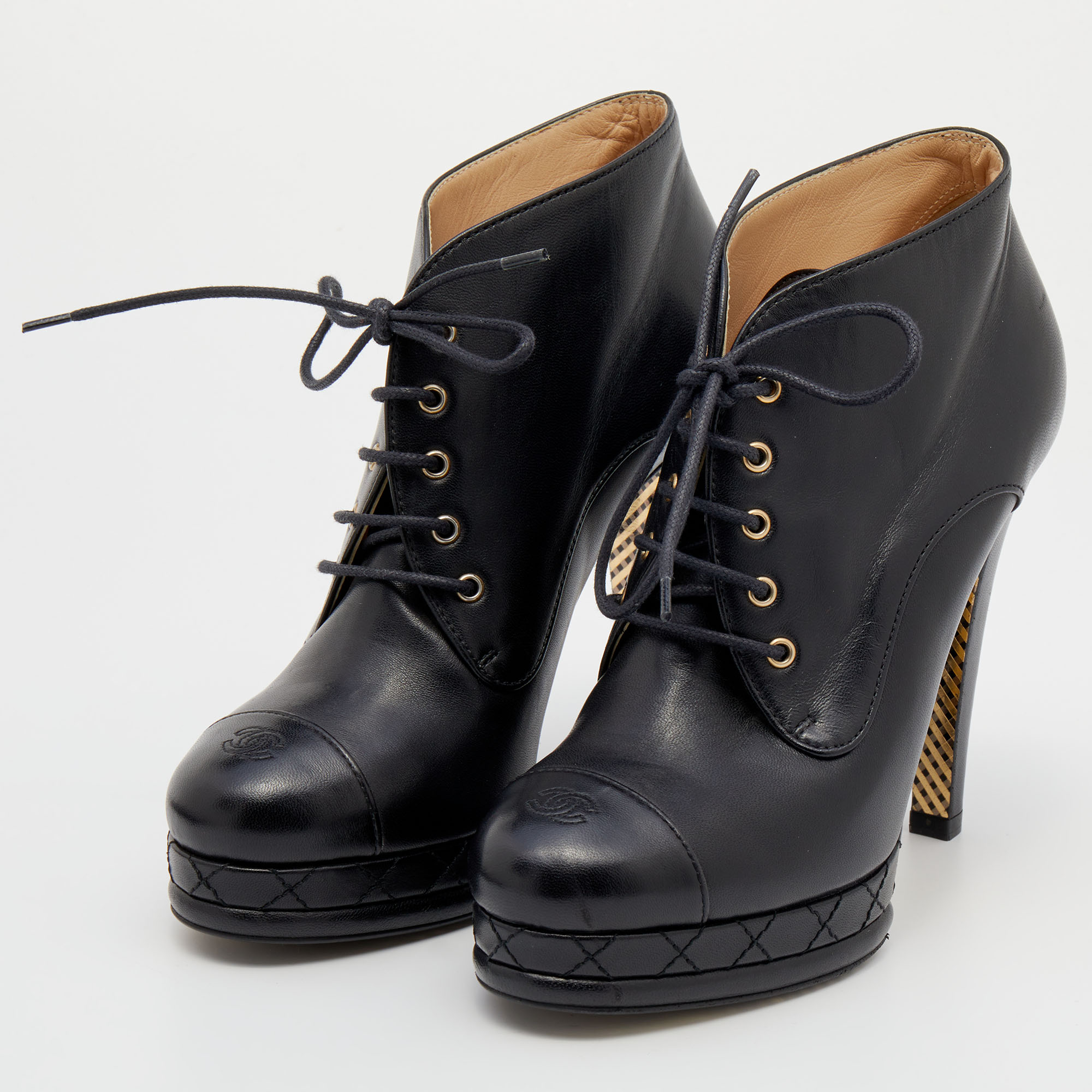 

Chanel Black Leather CC Cap Toe Lace Up Platform Ankle Boots Size