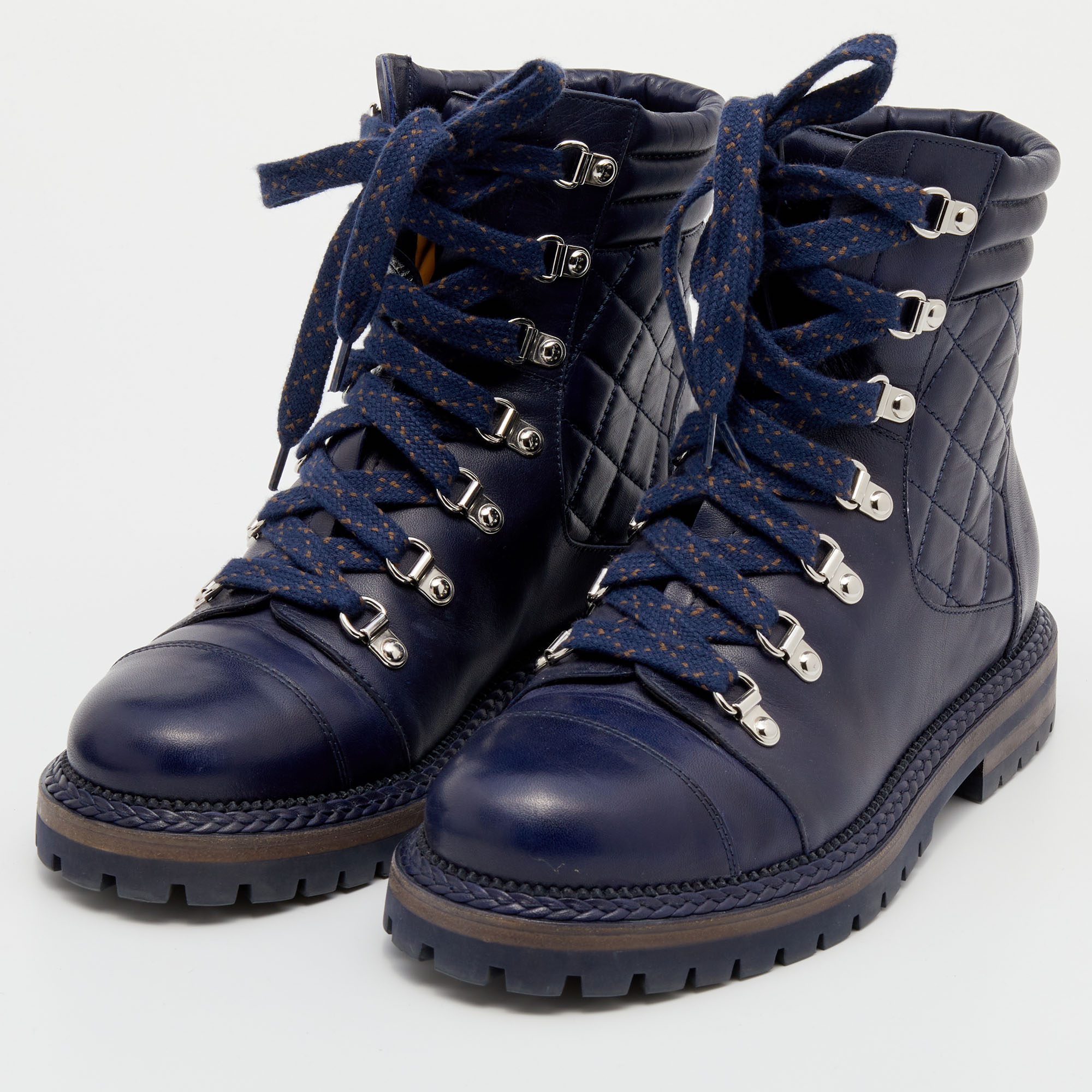 

Chanel Blue Quilted Leather CC Combat Boots Size