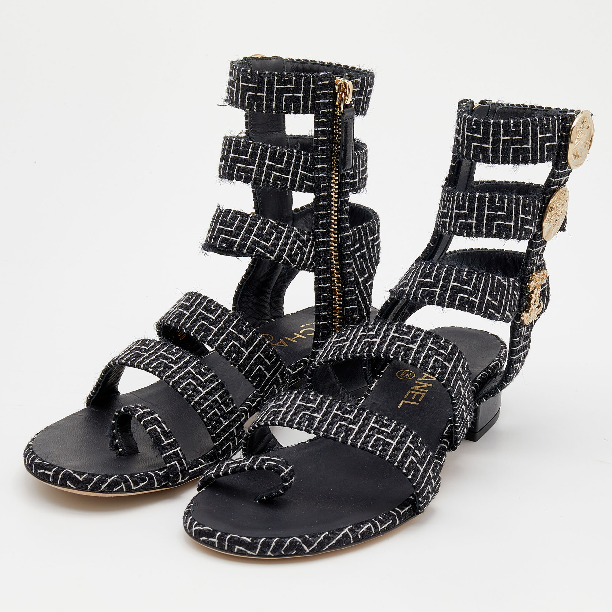 

Chanel Black/White Tweed CC Gladiator Sandals Size