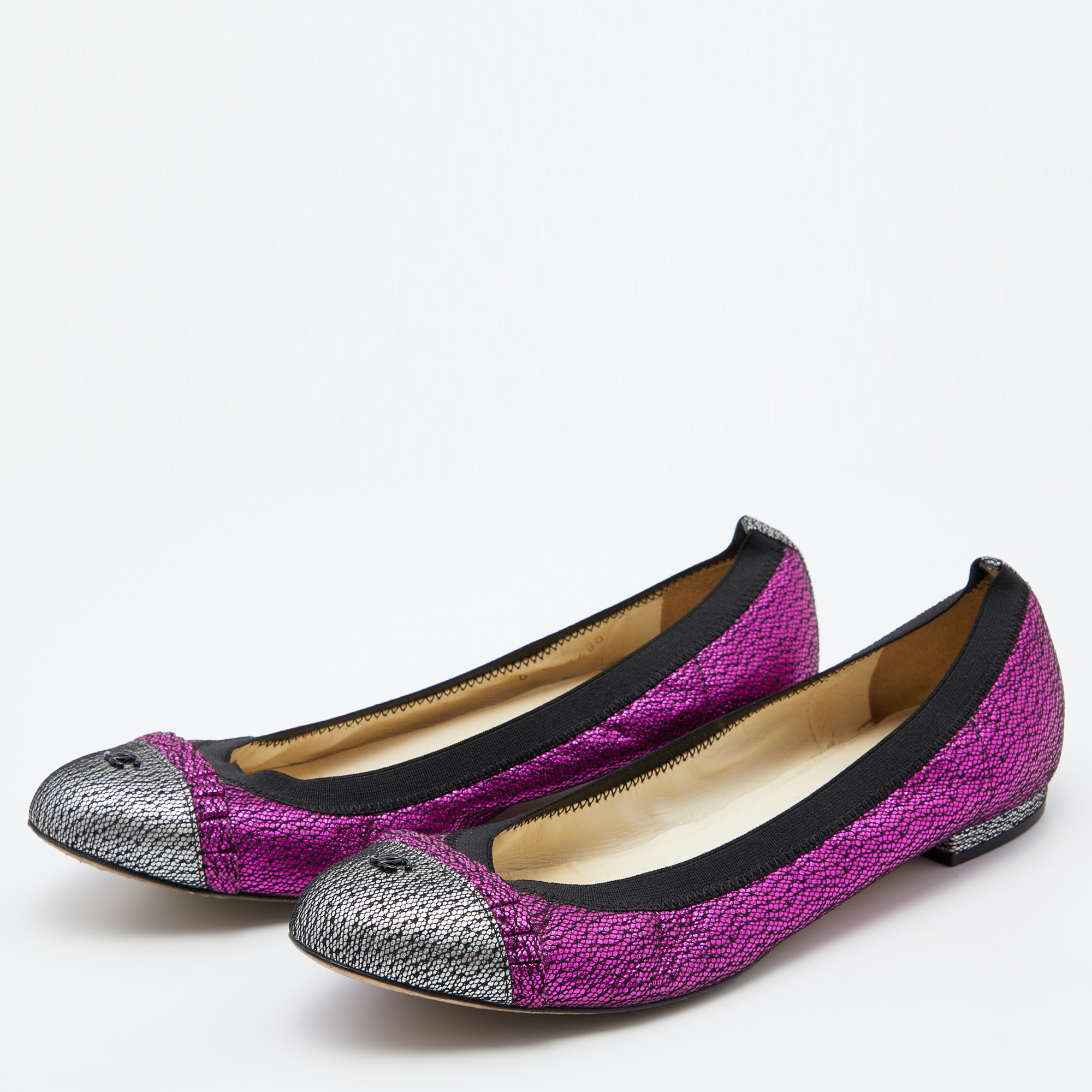 

Chanel Pink/Silver Mesh And Metallic Leather Cap Toe Ballet Flats Size
