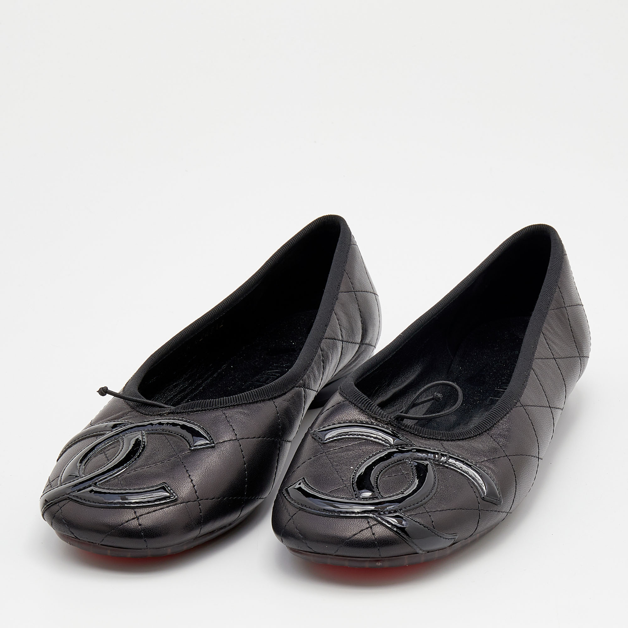 

Chanel Black Leather and Patent Leather CC Cambon Ballet Flats Size