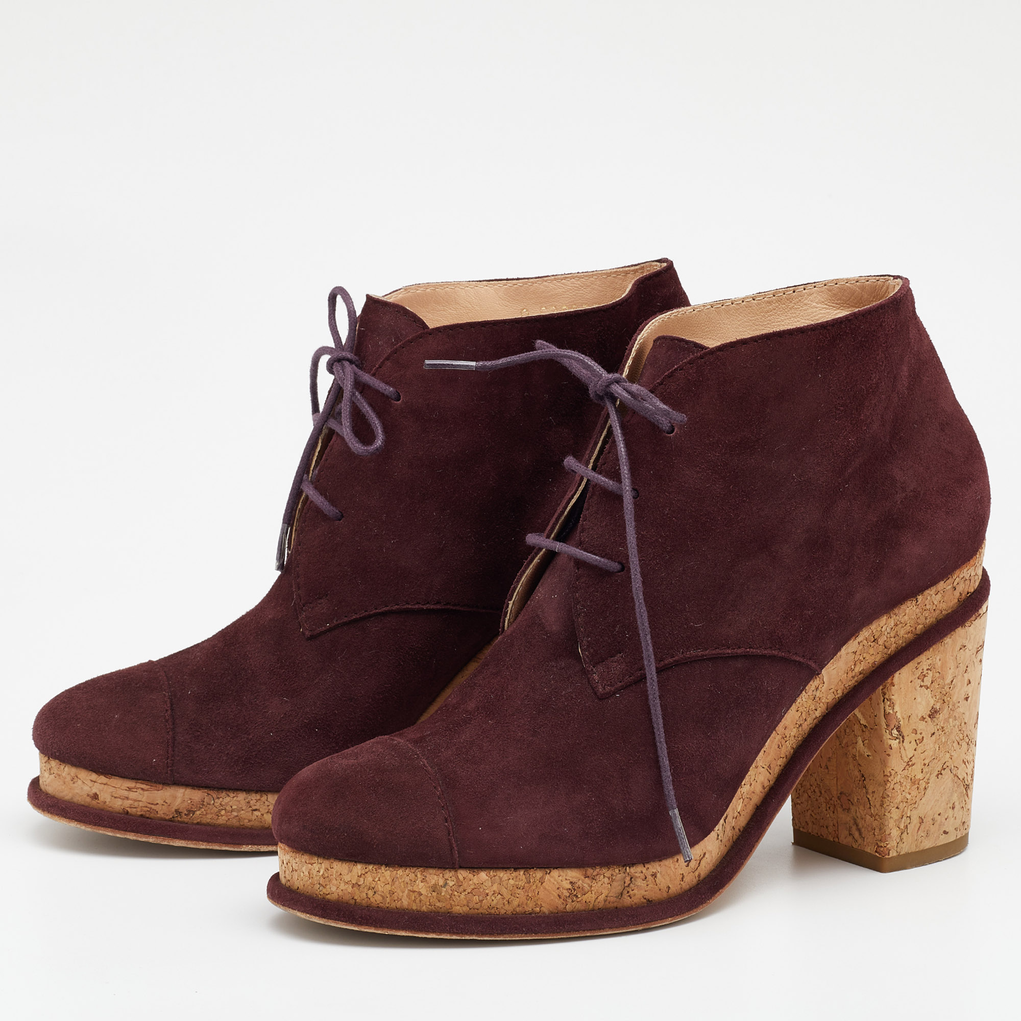 

Chanel Burgundy Suede Cap Toe Lace Up Booties Size